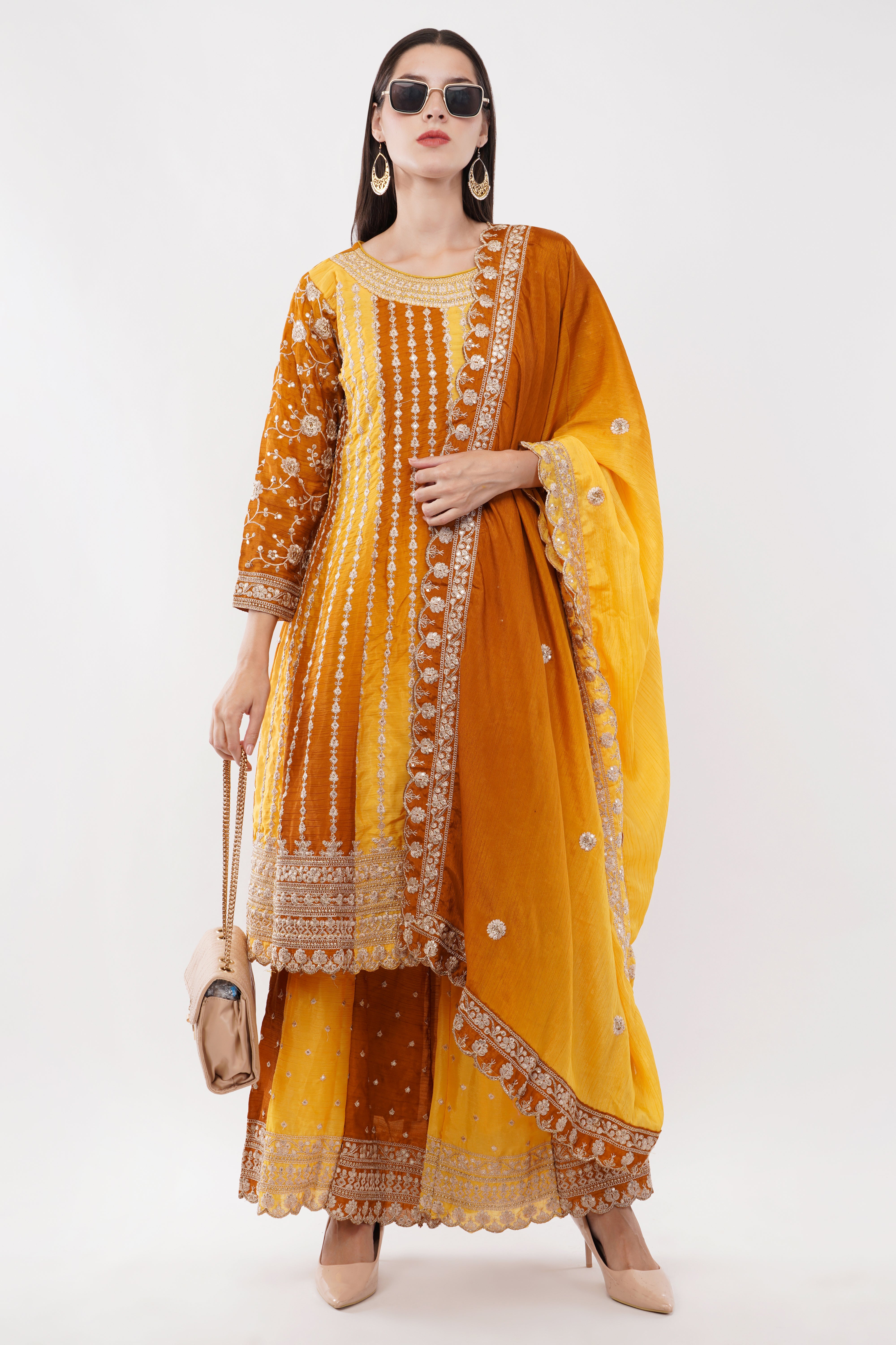 Mustard Chinon Fabric Embroidered Suit With Flared Pants & Dupatta - Set Of 3