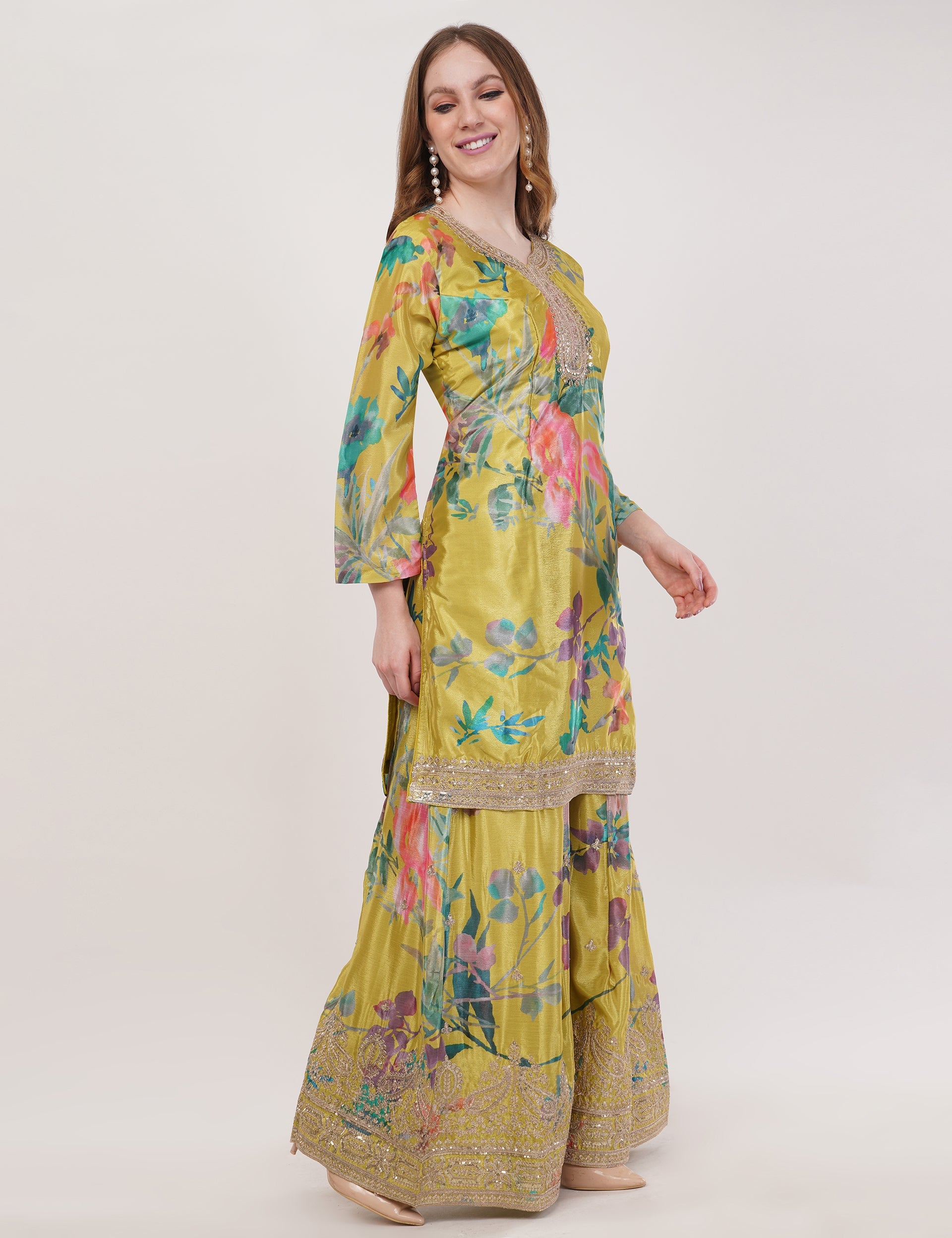 Mustard Printed Suit With Flared Sharara Pants & Dupatta - Set Of 3