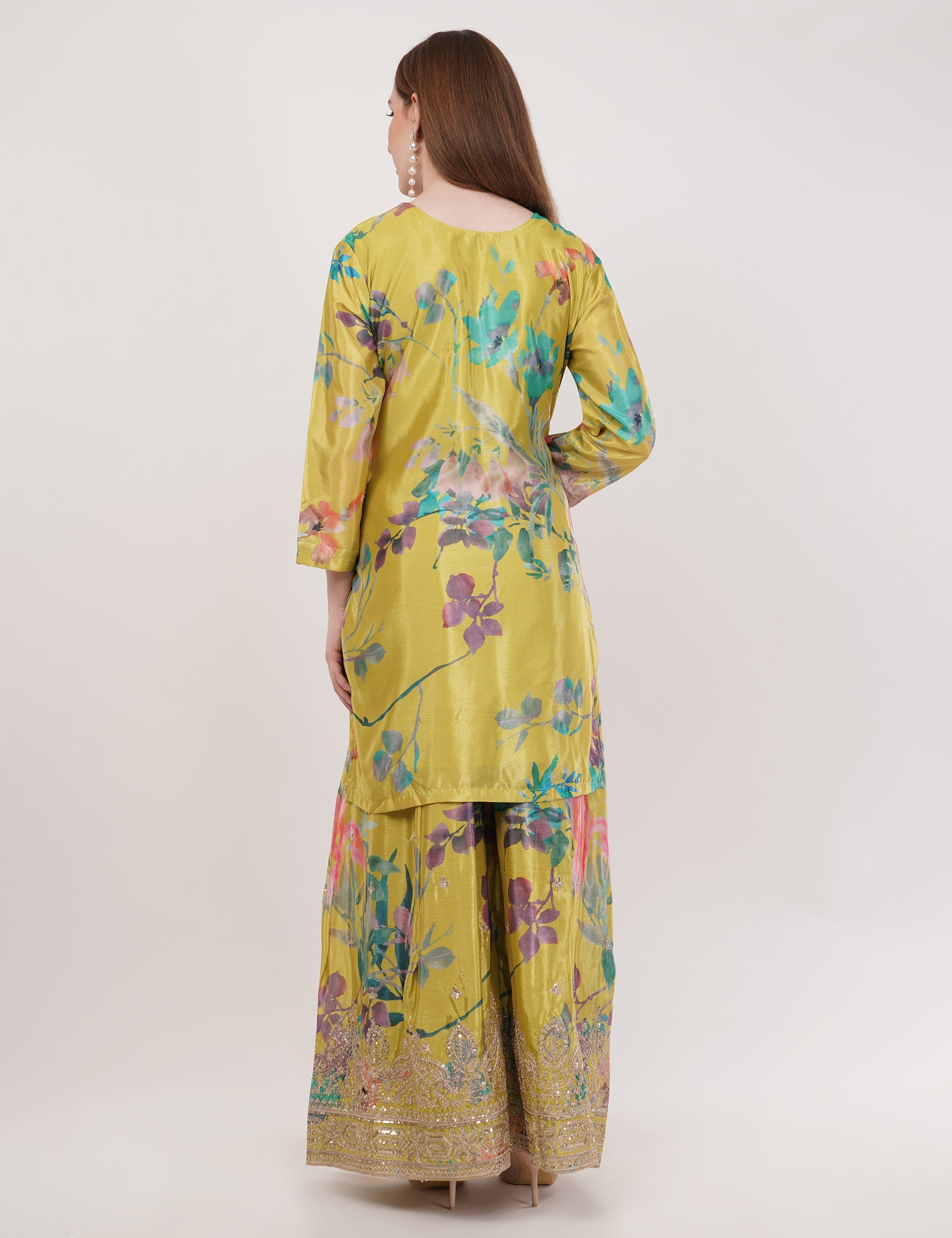 Mustard Printed Suit With Flared Sharara Pants & Dupatta - Set Of 3