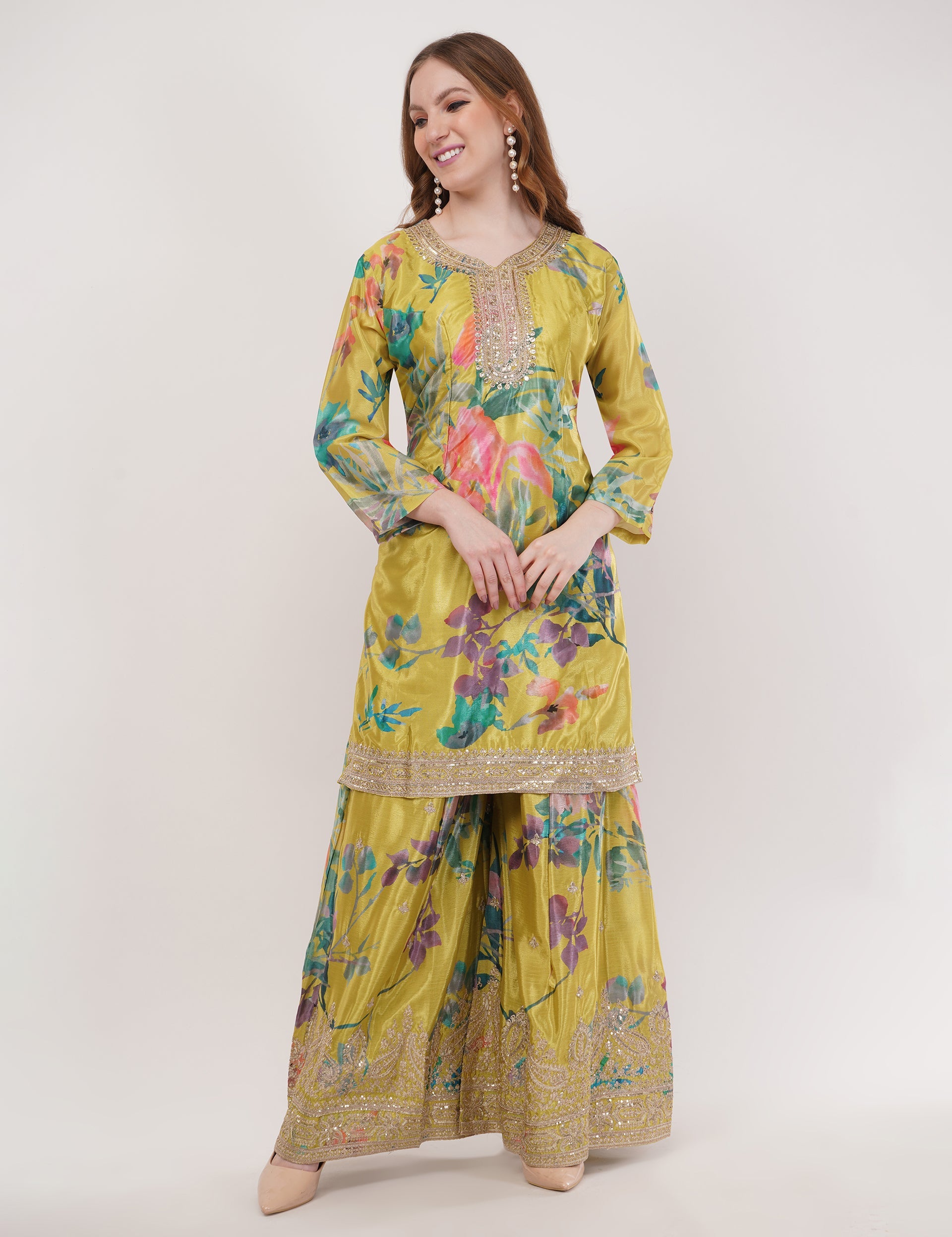 Mustard Printed Suit With Flared Sharara Pants & Dupatta - Set Of 3