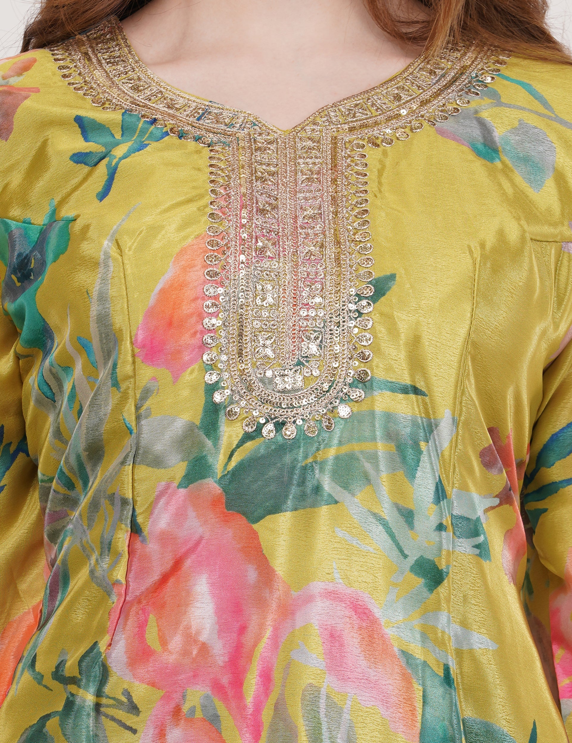 Mustard Printed Suit With Flared Sharara Pants & Dupatta - Set Of 3