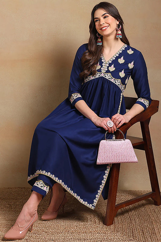 Navy Blue Silk Blend Solid Embroidered Flared Kurta Set