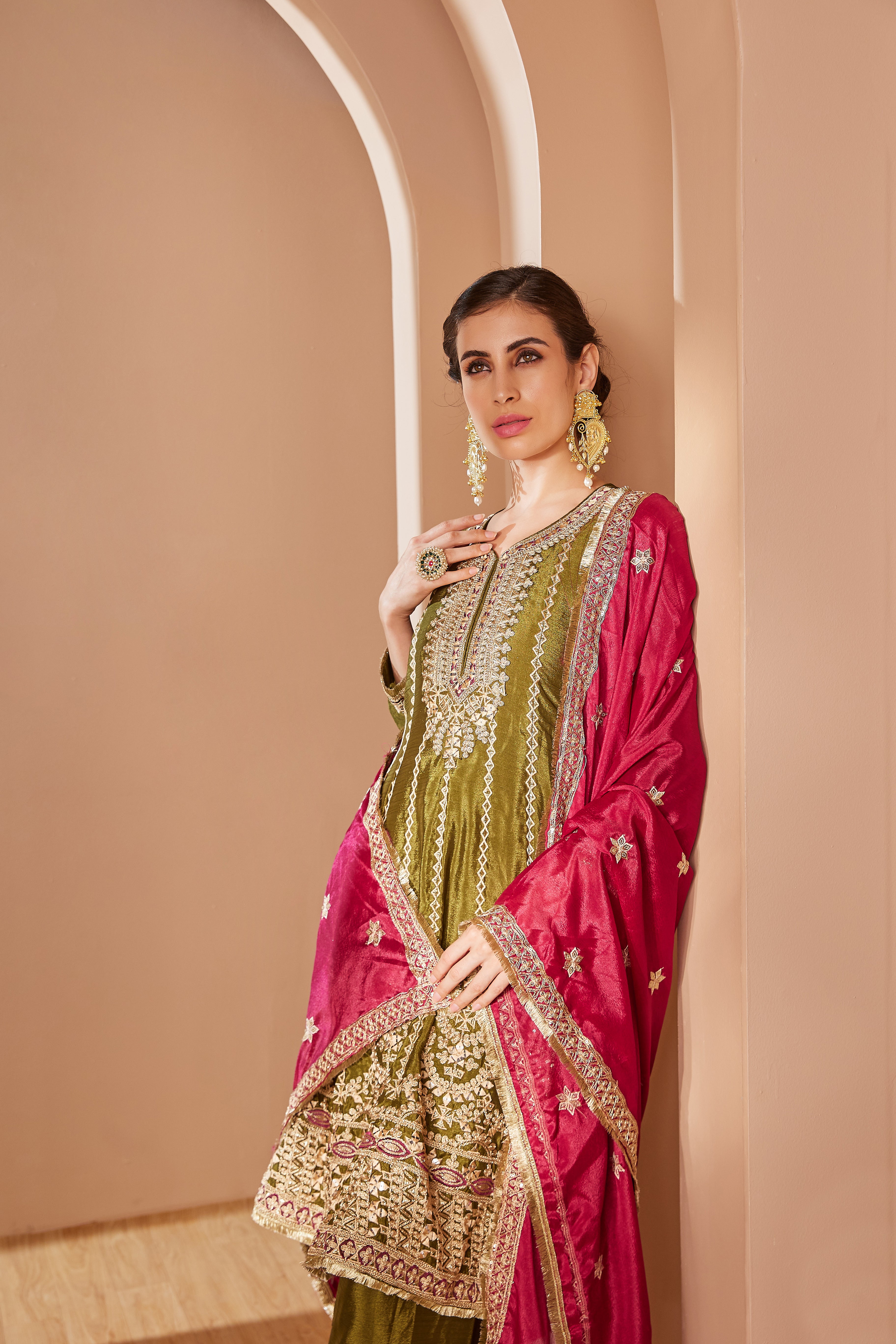 Embroidered Suit With Salwar Pants & Contrasting Dupatta - Set Of 3