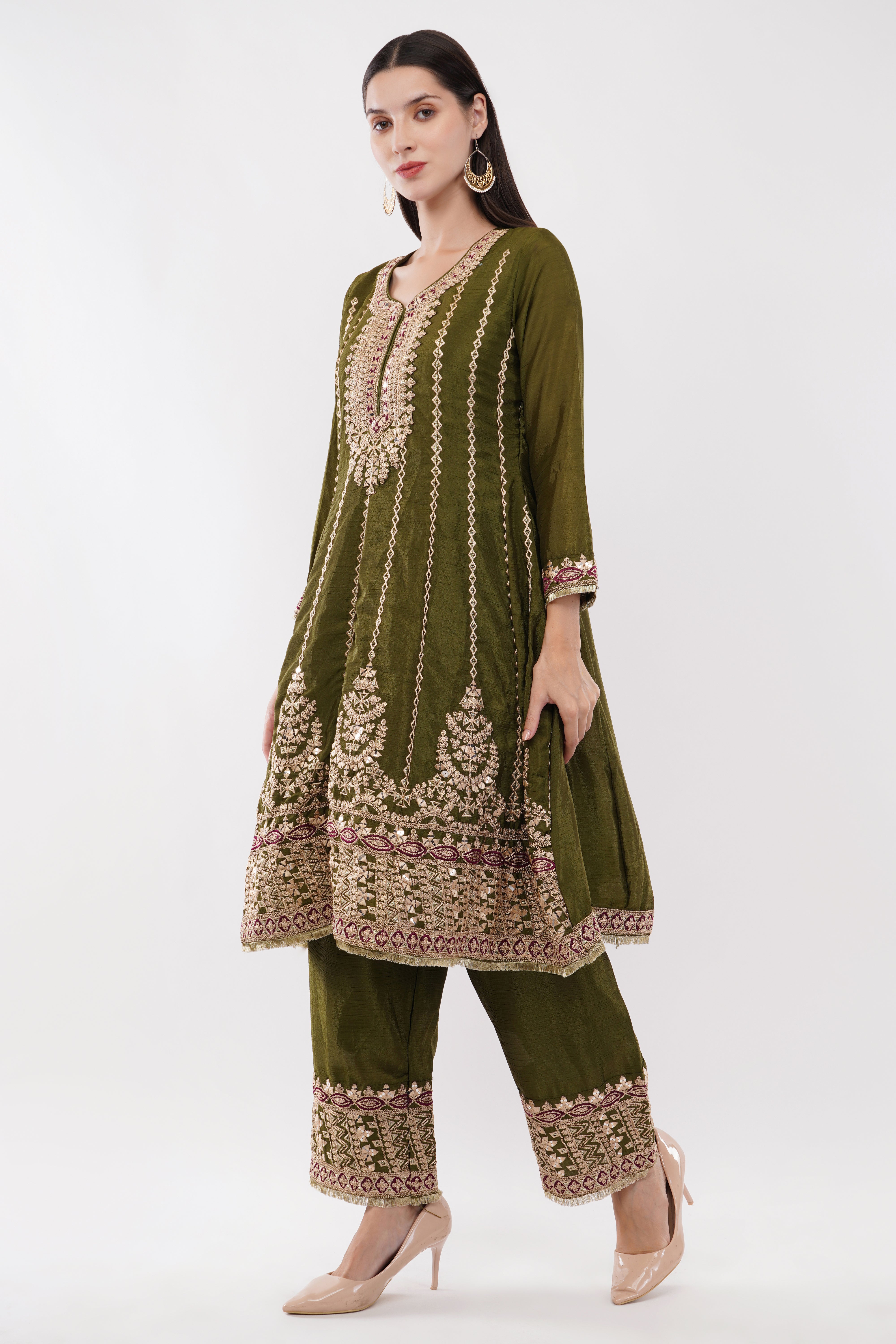 Embroidered Suit With Salwar Pants & Contrasting Dupatta - Set Of 3