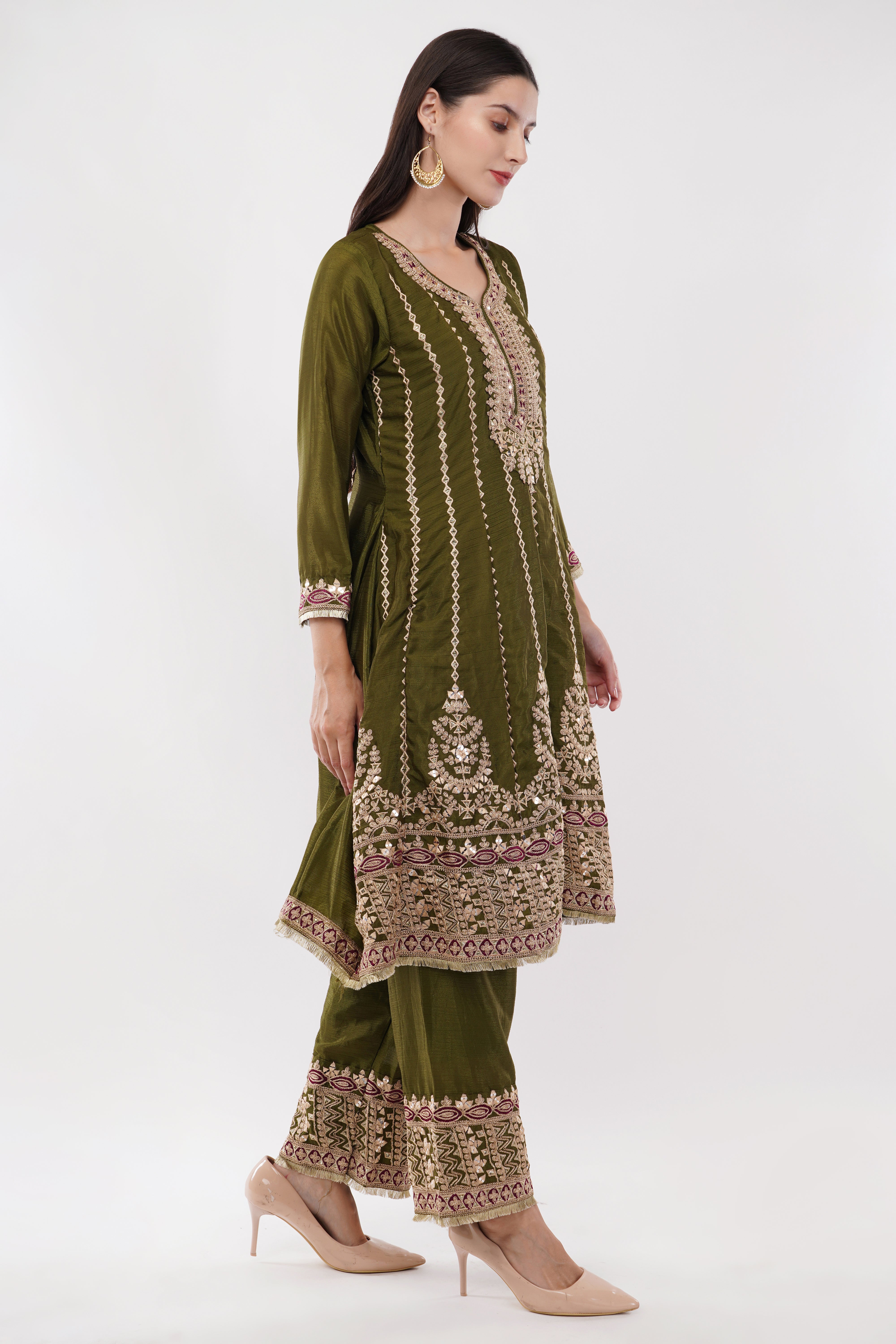 Embroidered Suit With Salwar Pants & Contrasting Dupatta - Set Of 3