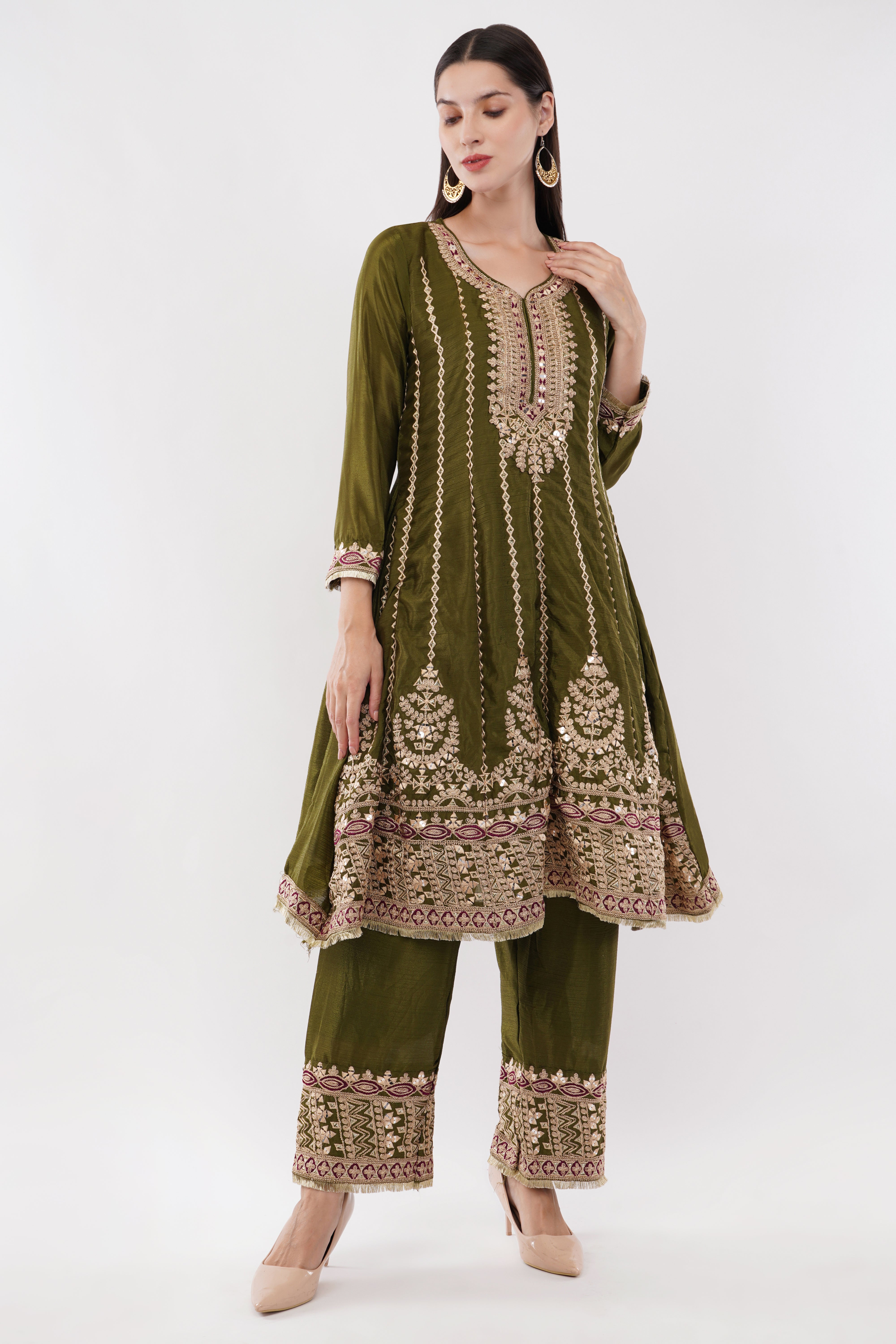 Embroidered Suit With Salwar Pants & Contrasting Dupatta - Set Of 3