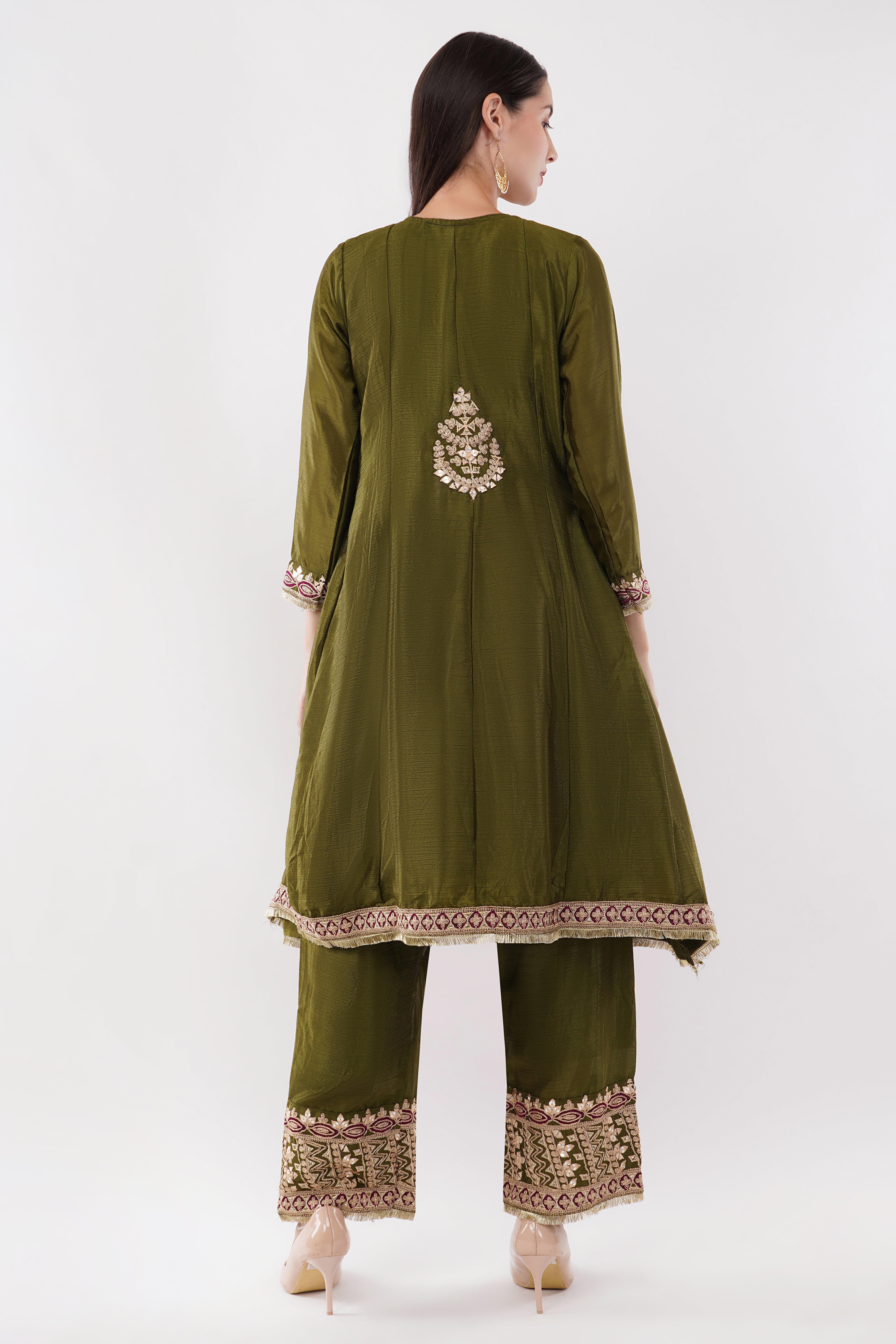 Embroidered Suit With Salwar Pants & Contrasting Dupatta - Set Of 3