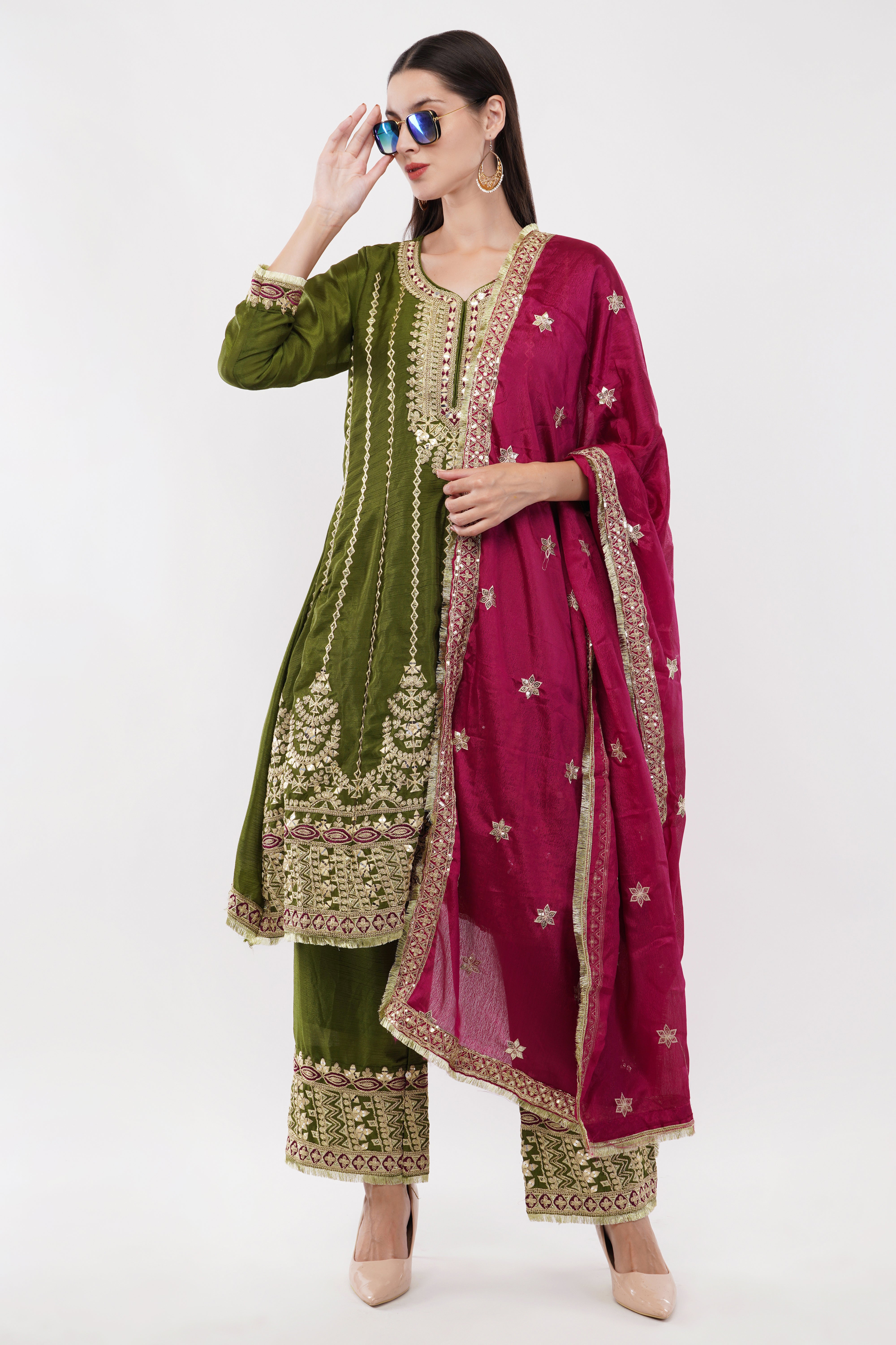 Embroidered Suit With Salwar Pants & Contrasting Dupatta - Set Of 3