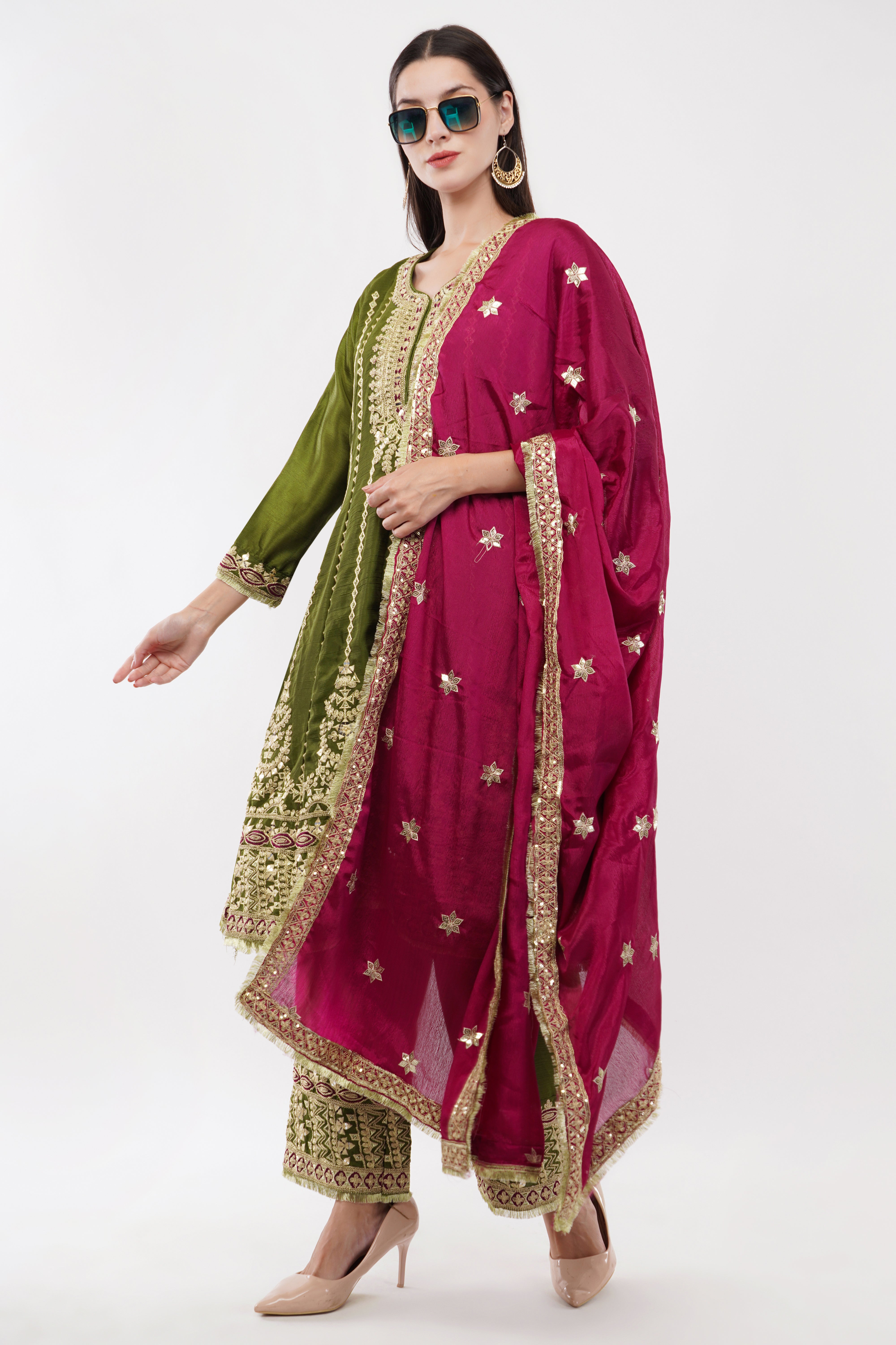 Embroidered Suit With Salwar Pants & Contrasting Dupatta - Set Of 3