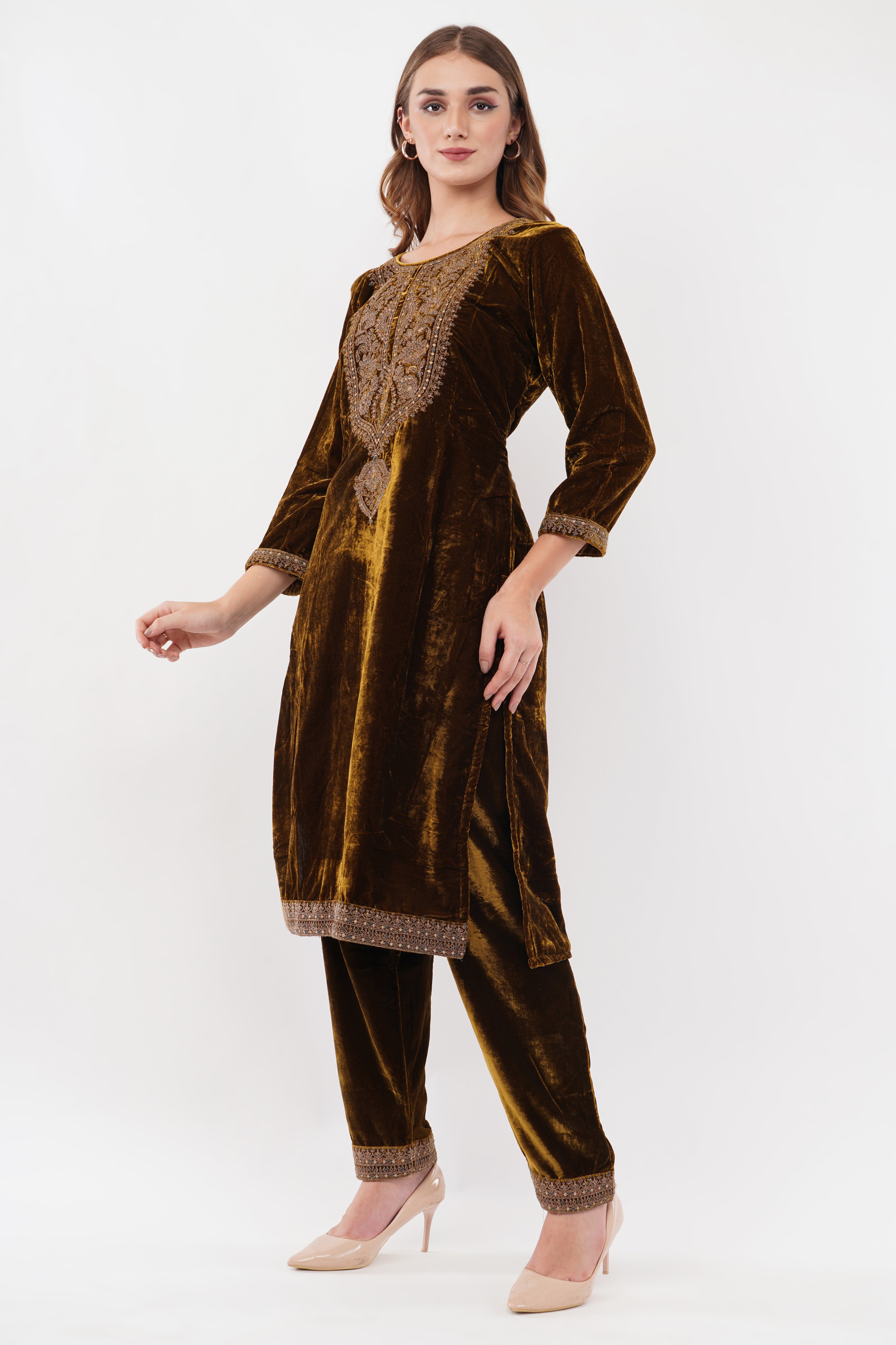 Golden Velvet With Coding Embroidery Work - Set Of 3