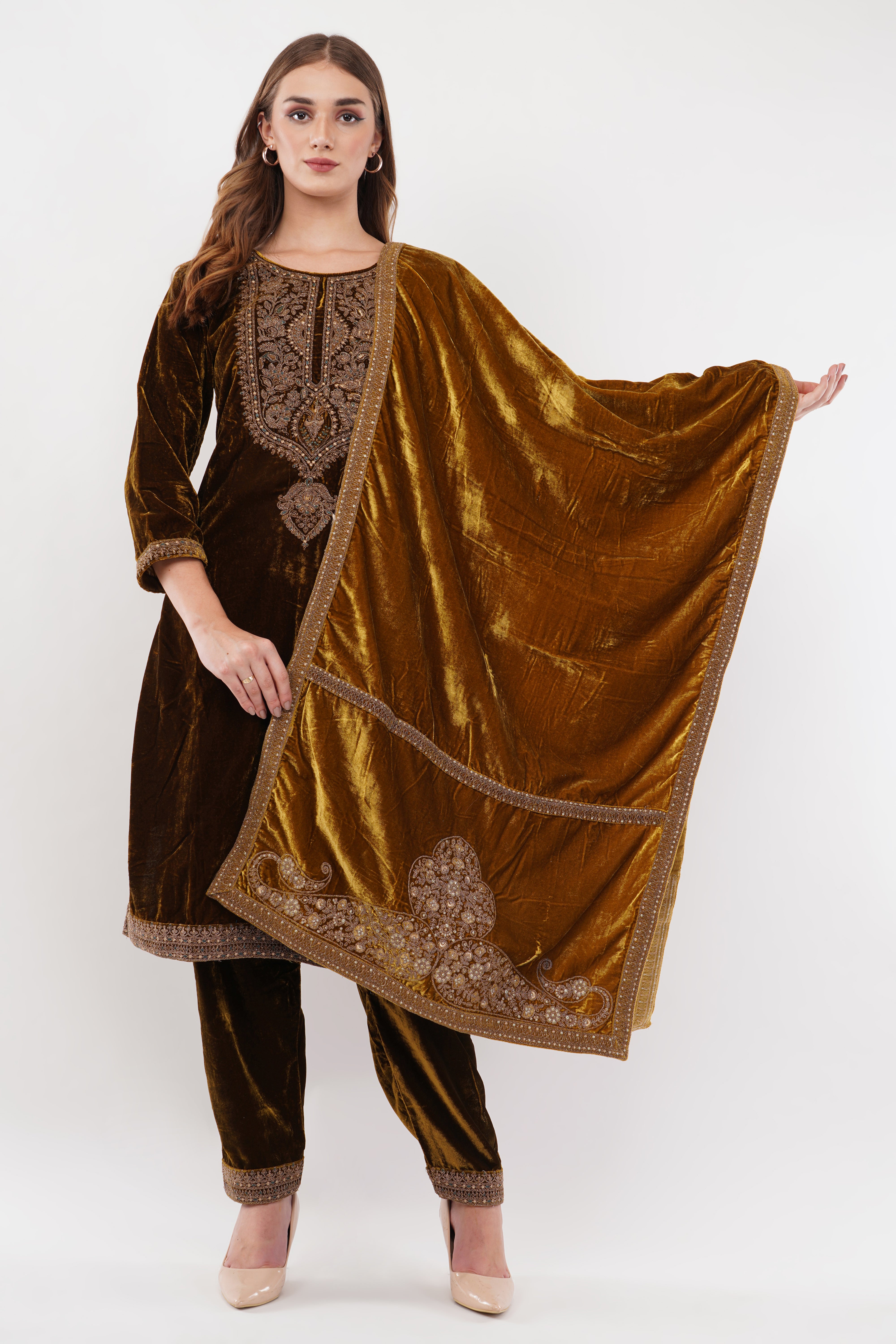 Golden Velvet With Coding Embroidery Work - Set Of 3