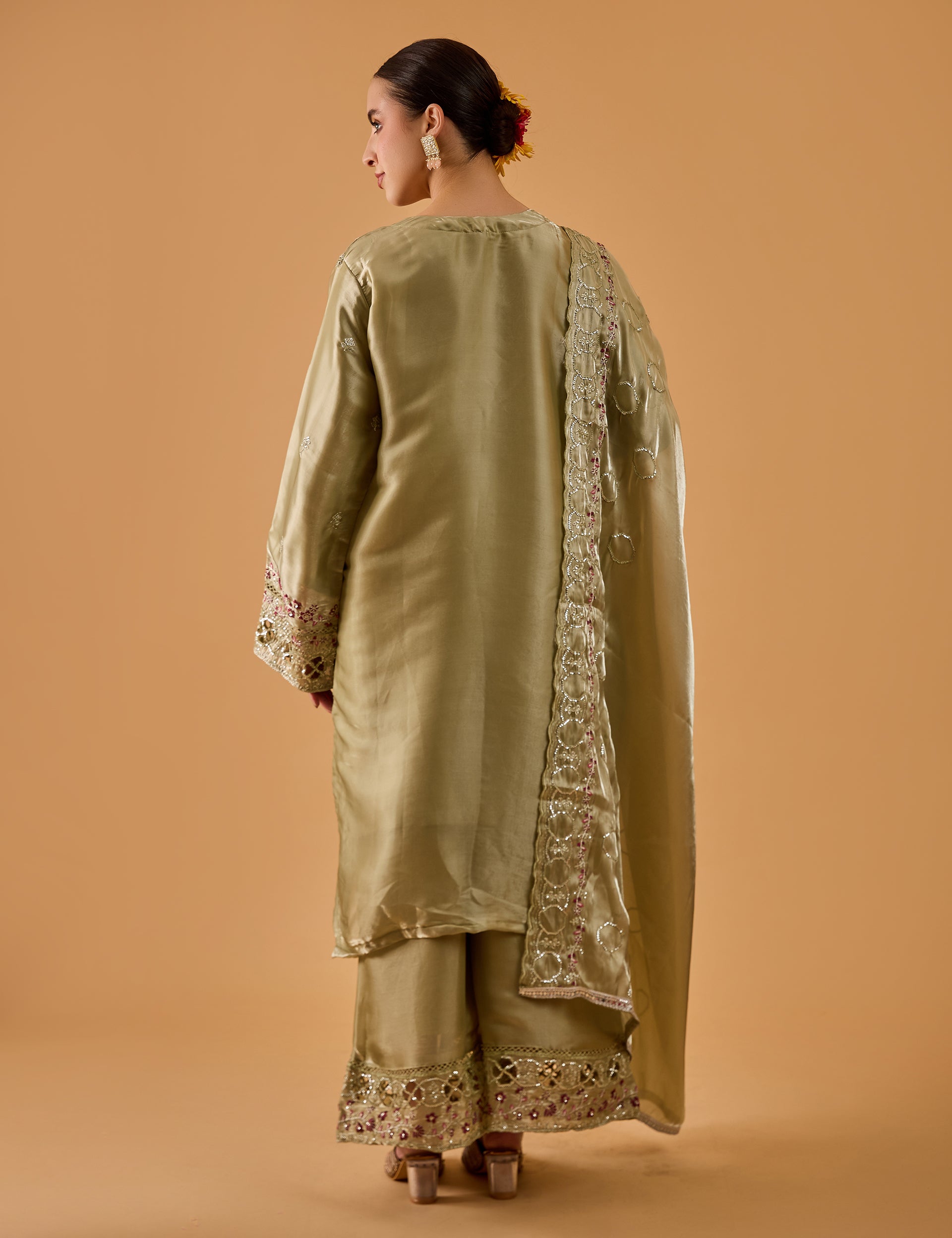 dhartii  Elegant Olive Green Embroidered Organza Sharara Suit Set