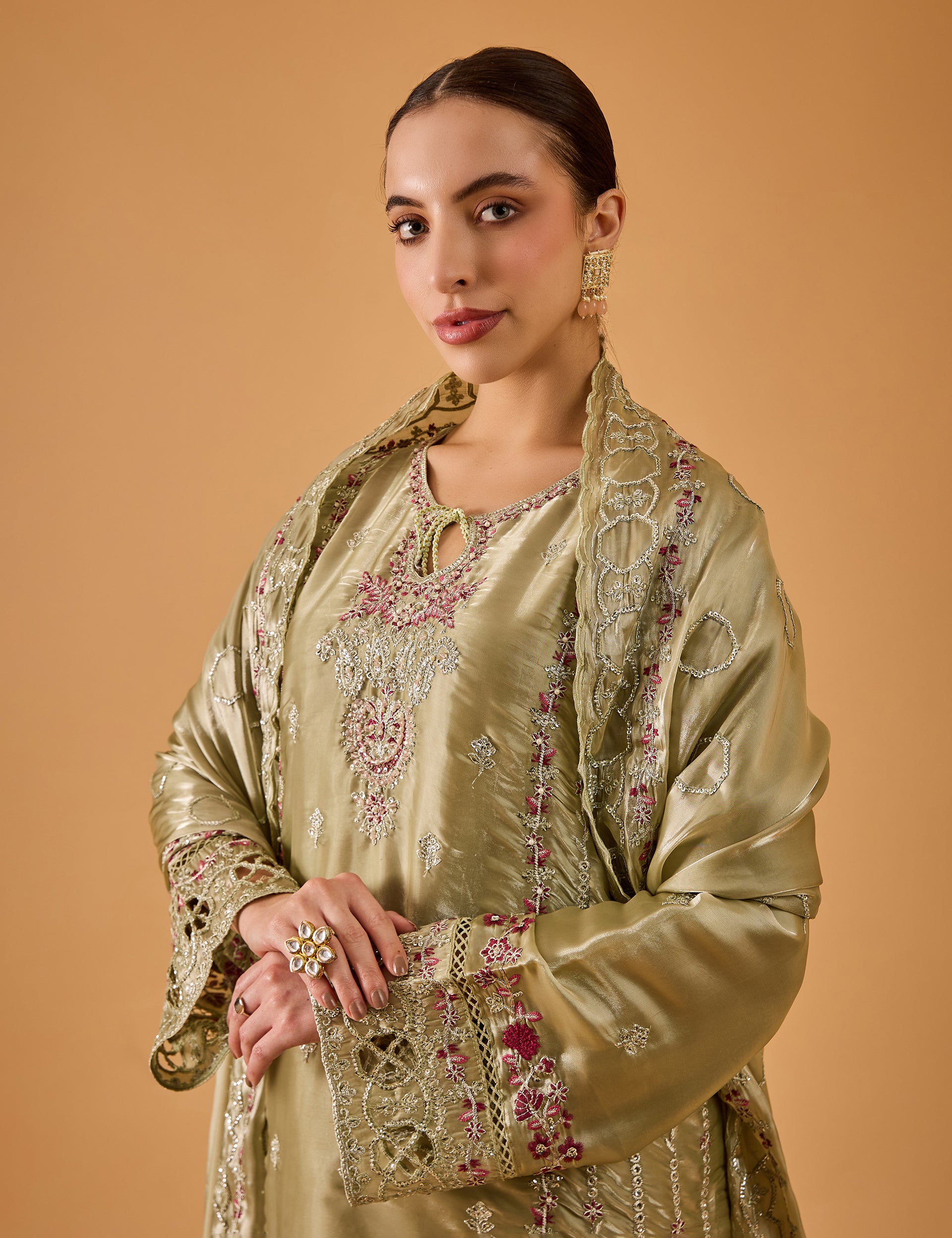 dhartii  Elegant Olive Green Embroidered Organza Sharara Suit Set