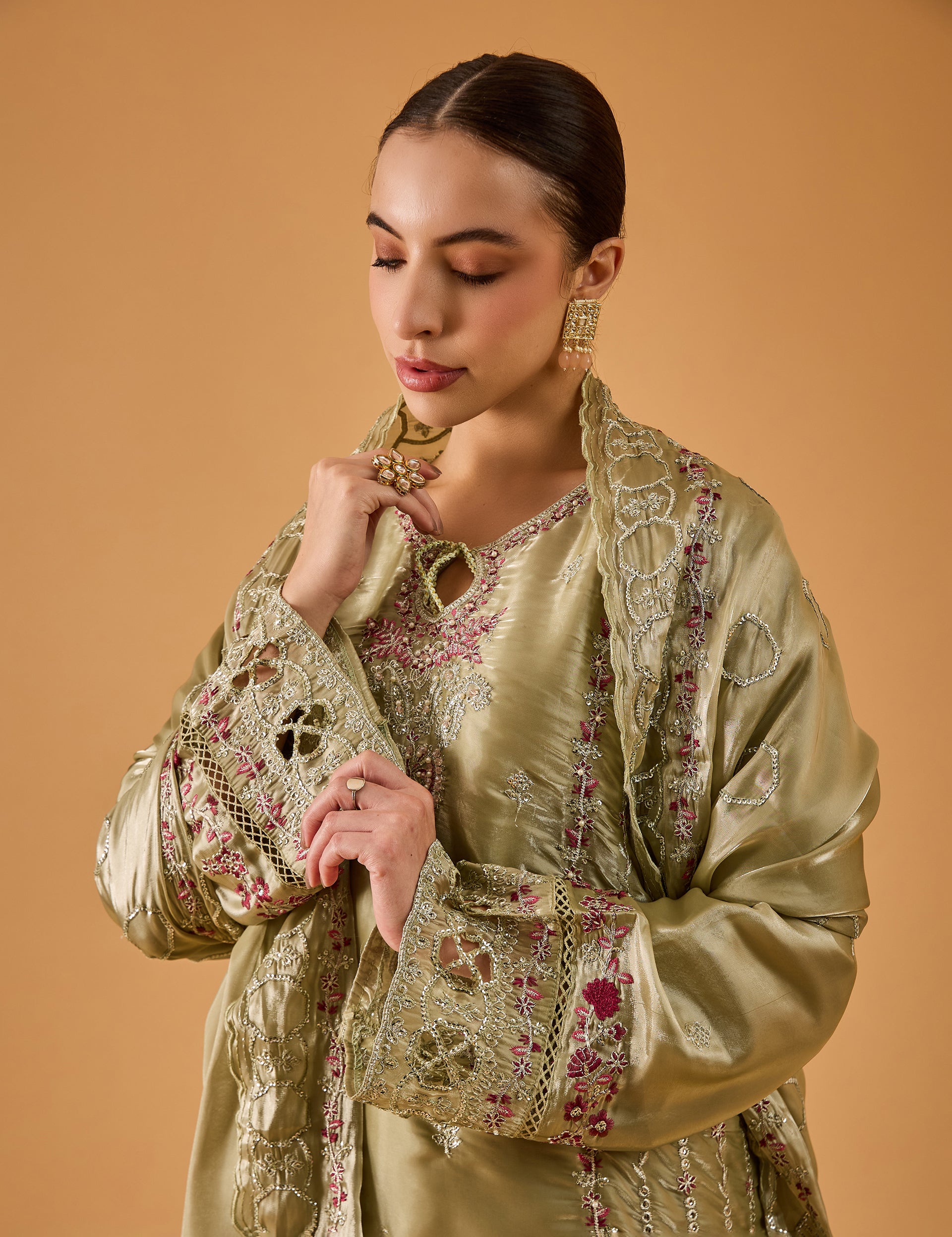 dhartii  Elegant Olive Green Embroidered Organza Sharara Suit Set
