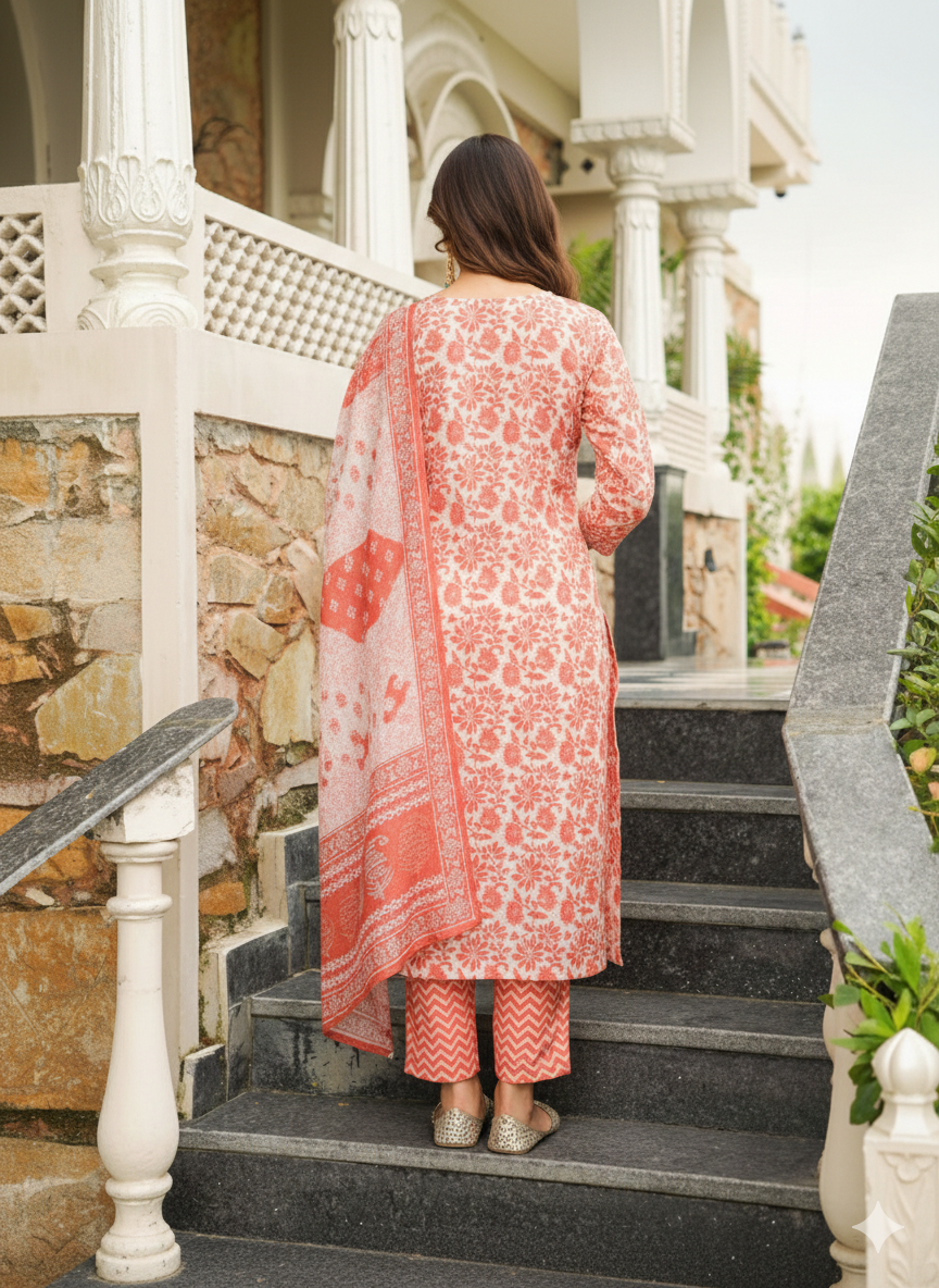 Orange Cotton Blend Floral Printed Straight Kurta Trousers With Dupatta