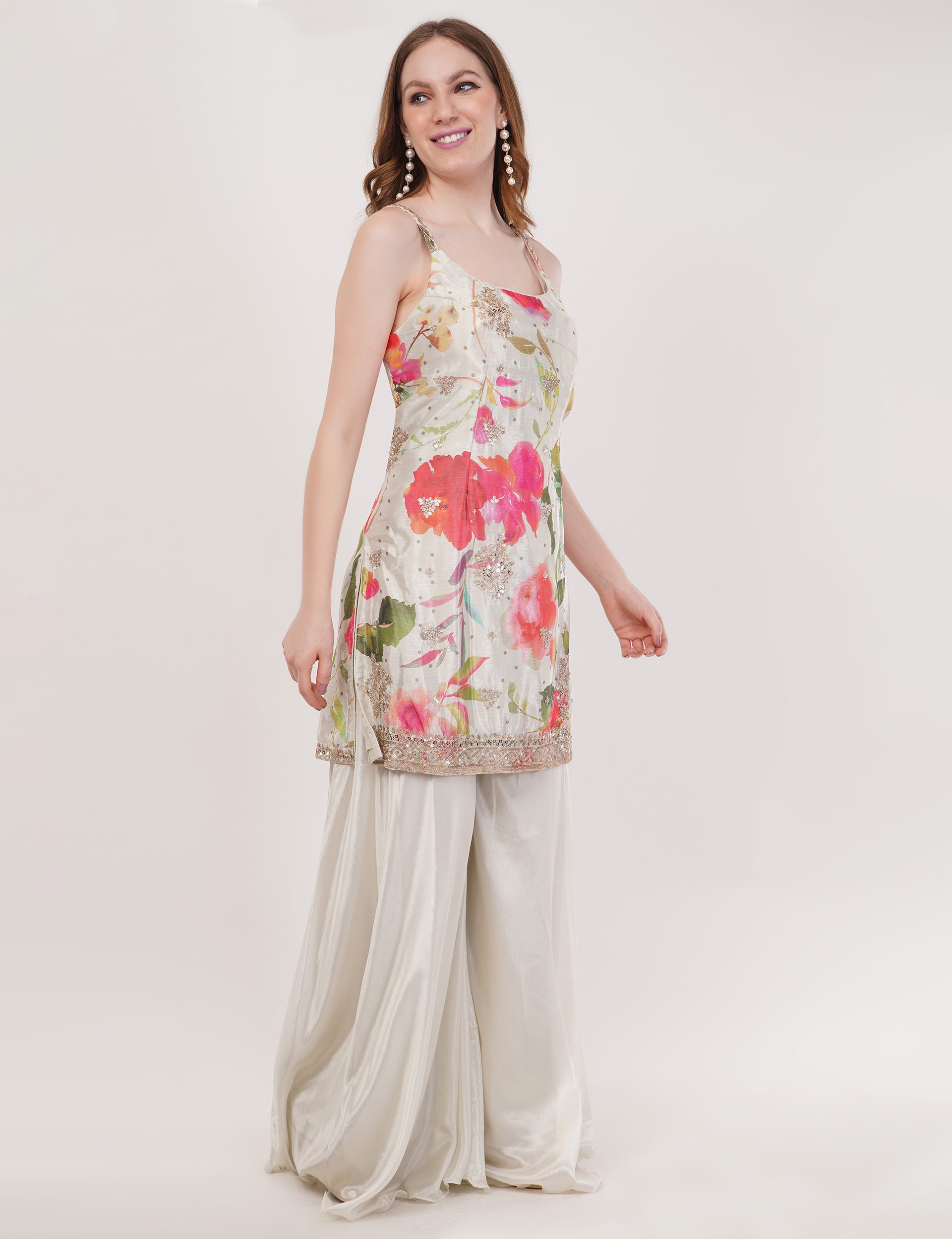 Off-White Printed Short Suit With Flared Sharara Pants & Dupatta - Set Of 3