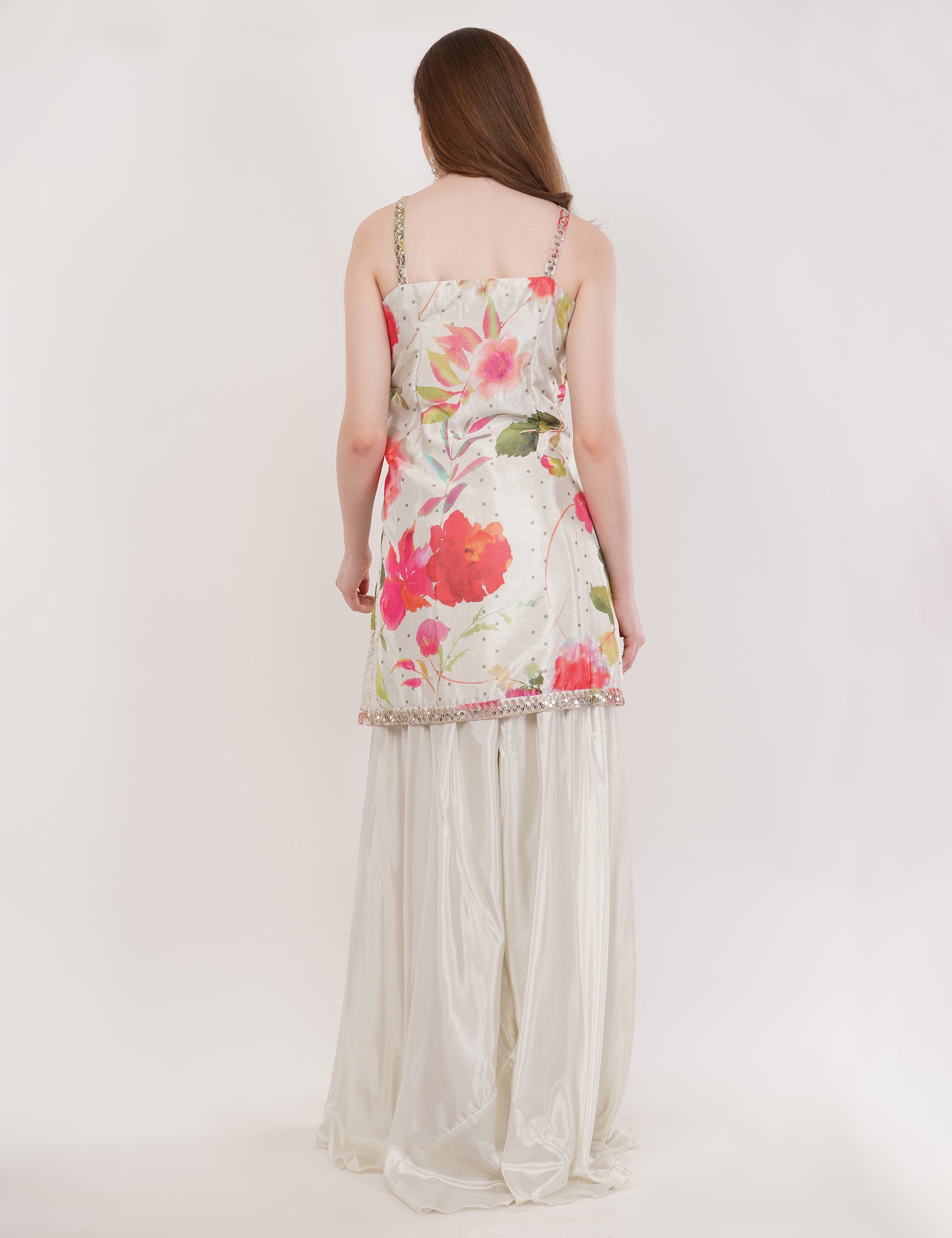 Off-White Printed Short Suit With Flared Sharara Pants & Dupatta - Set Of 3