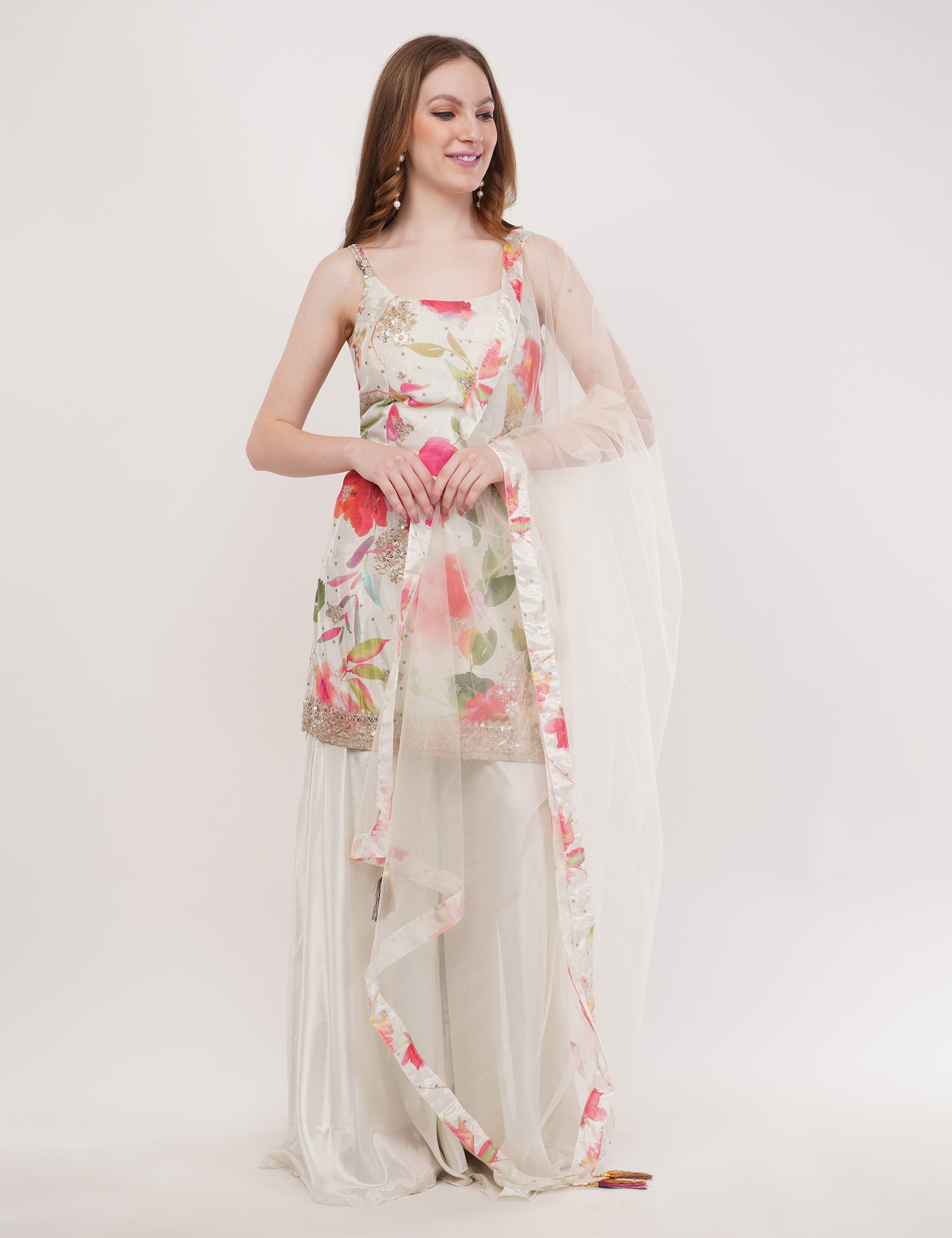 Off-White Printed Short Suit With Flared Sharara Pants & Dupatta - Set Of 3
