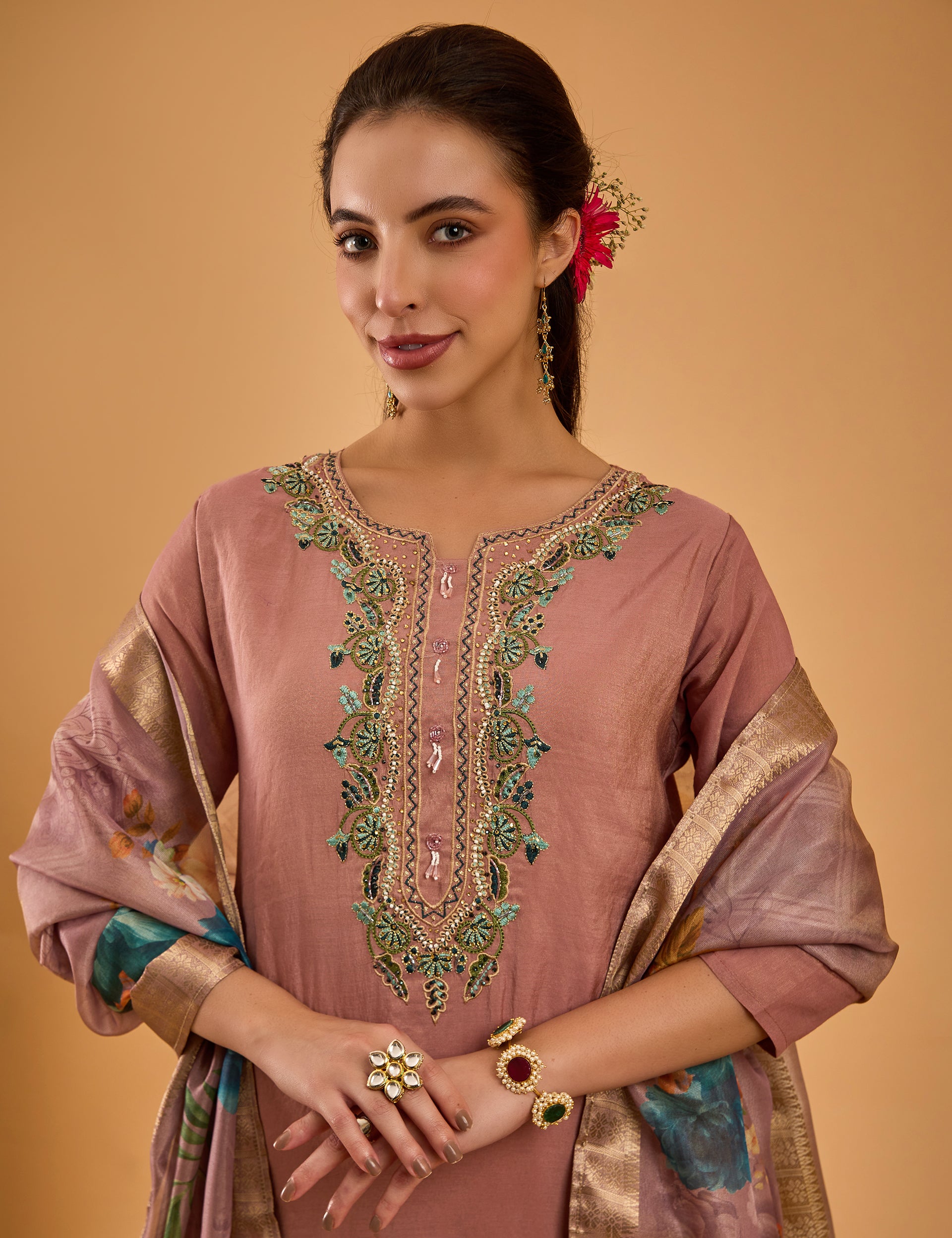 dhartii  Peachy Pink Embroidered Silk Blend Kurta set