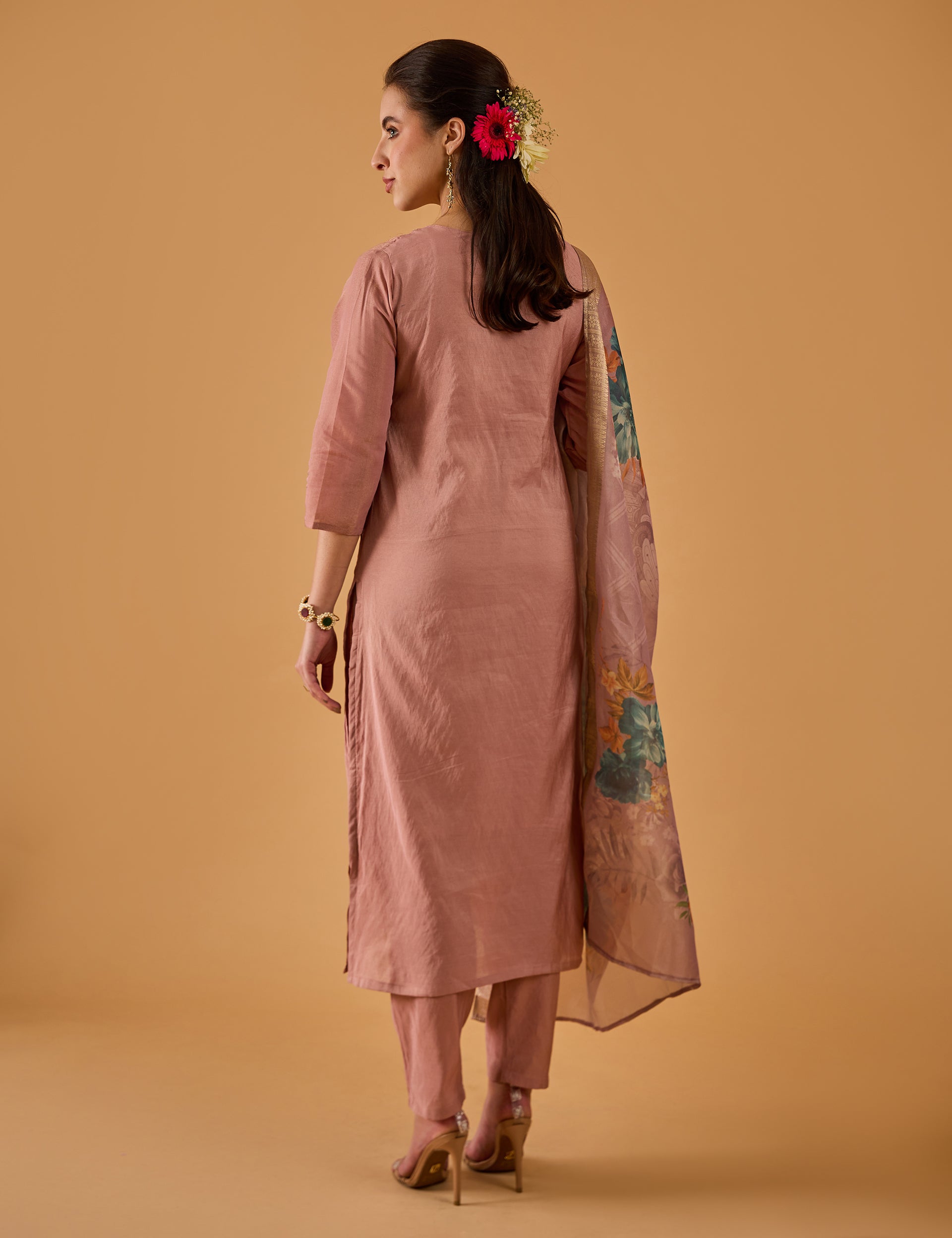 dhartii  Peachy Pink Embroidered Silk Blend Kurta set