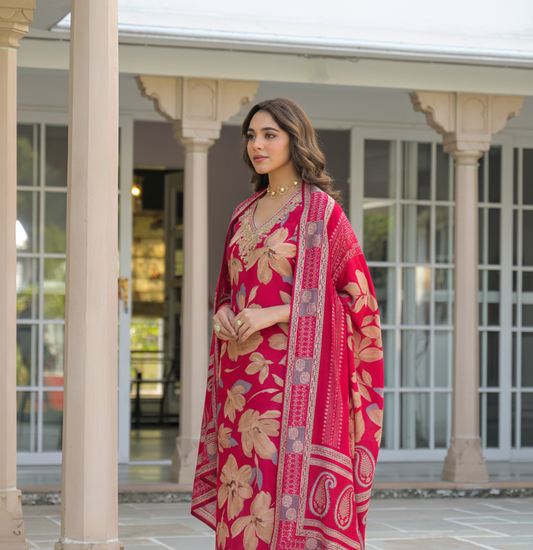 Pink Viscose Floral Embroidered Straight Kurta Trousers With Dupatta