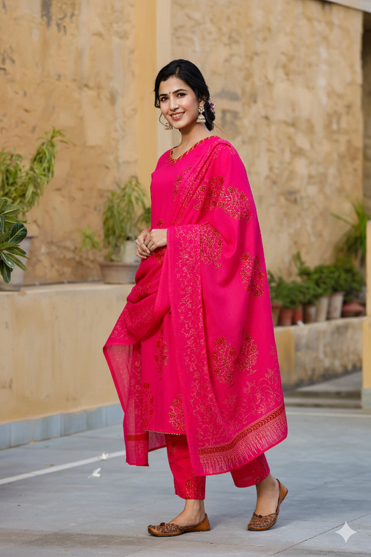 Pink Cotton Straight Suit Set with floral Prints