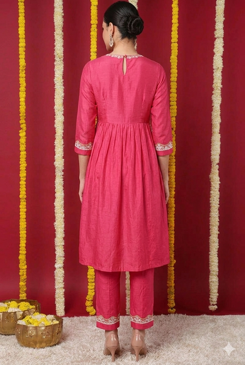 Pink Silk Blend Solid Embroidered Flared Kurta Set