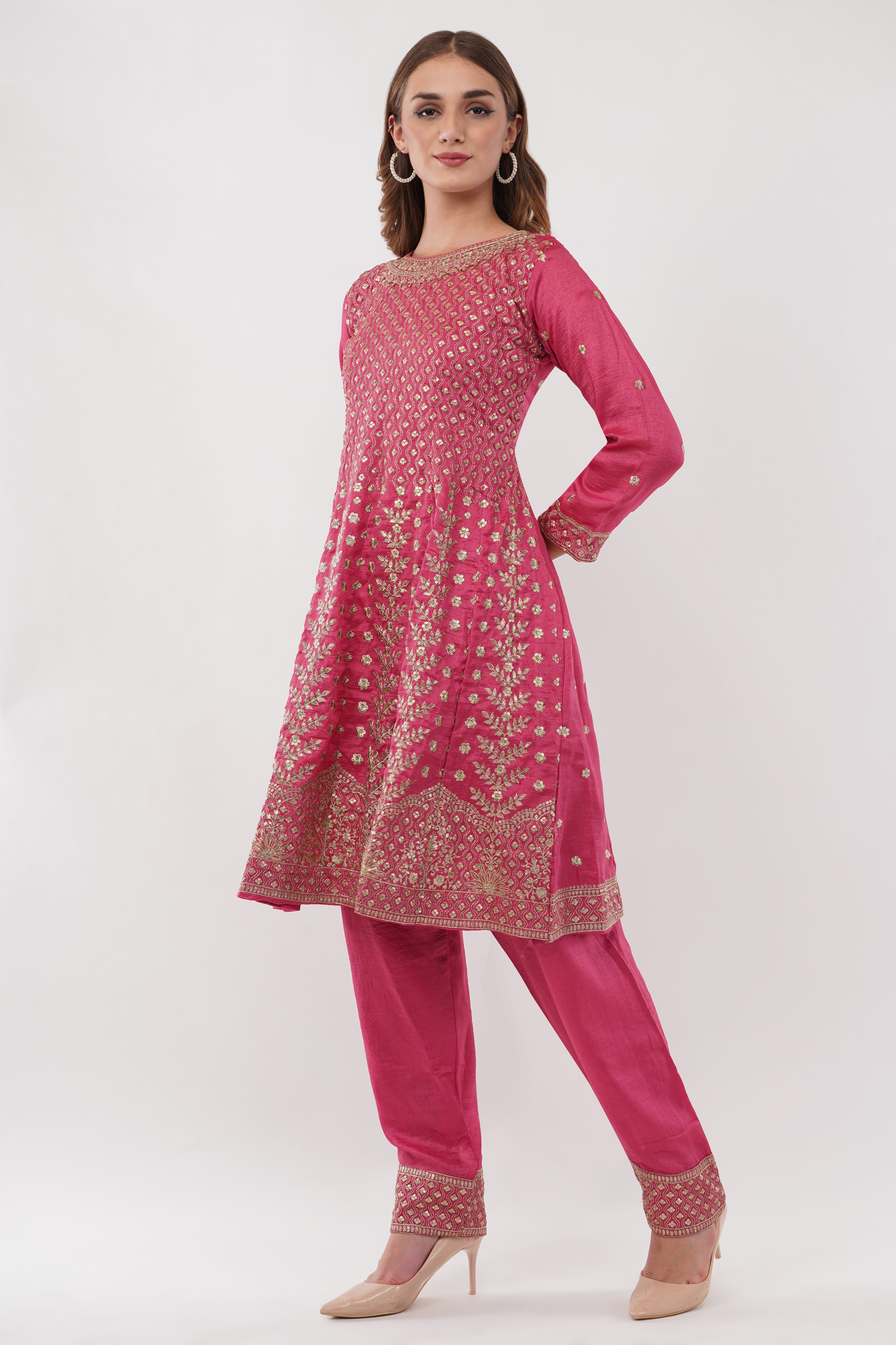 Pink Embroidered Suit With Salwar Pants & Dupatta - Set Of 3