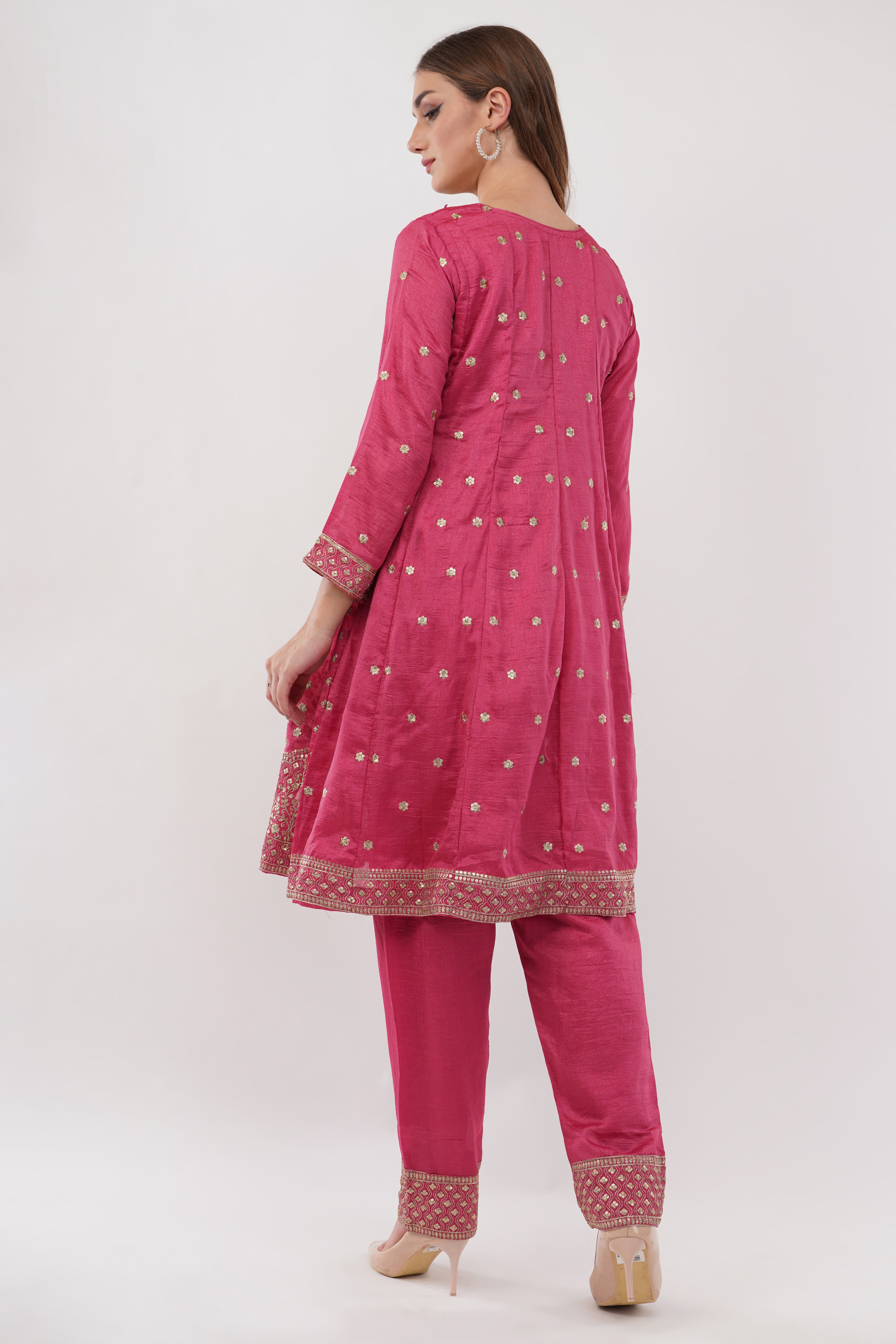 Pink Embroidered Suit With Salwar Pants & Dupatta - Set Of 3