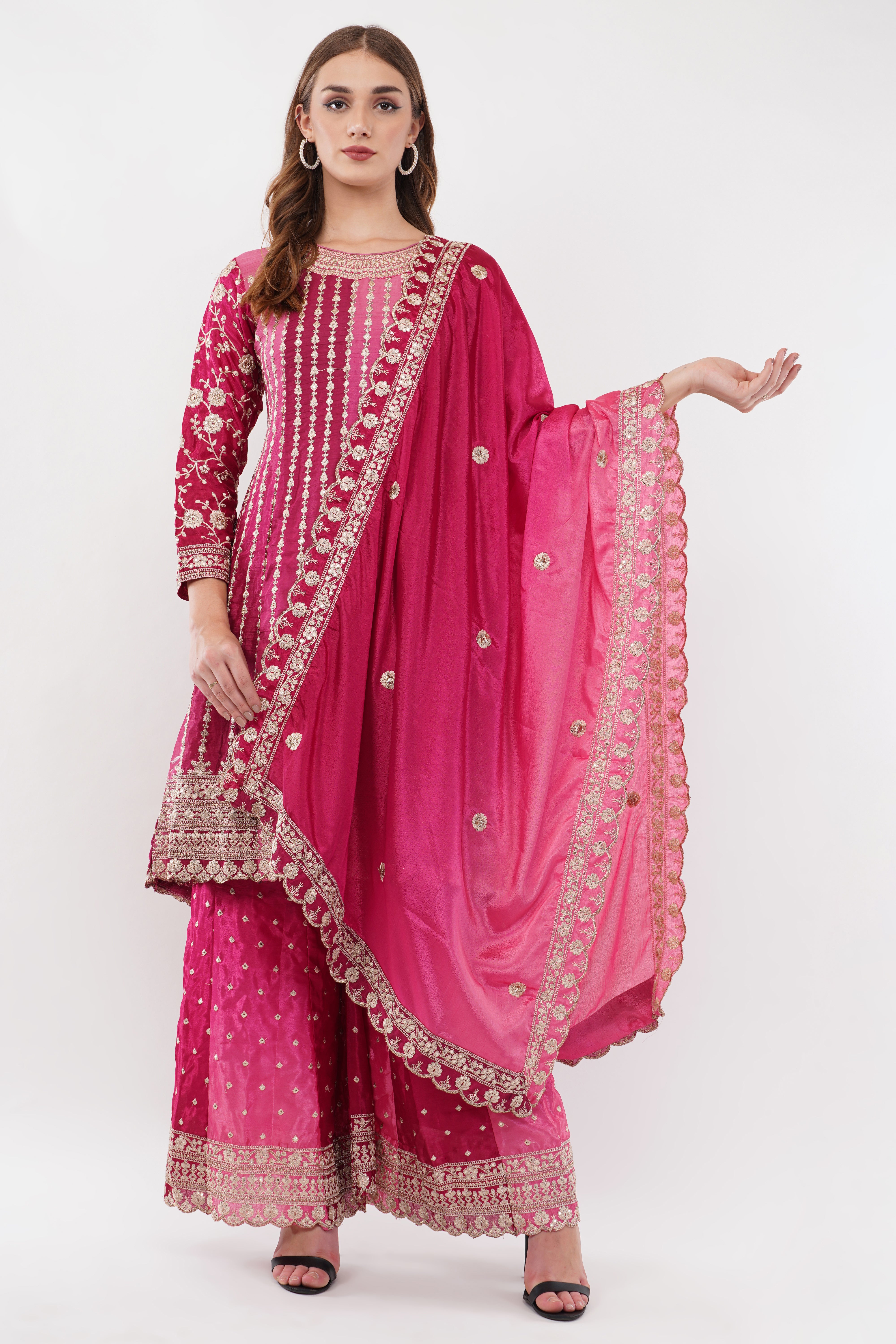 Pink Chinon Fabric Embroidered Suit With Flared Pants & Dupatta - Set Of 3