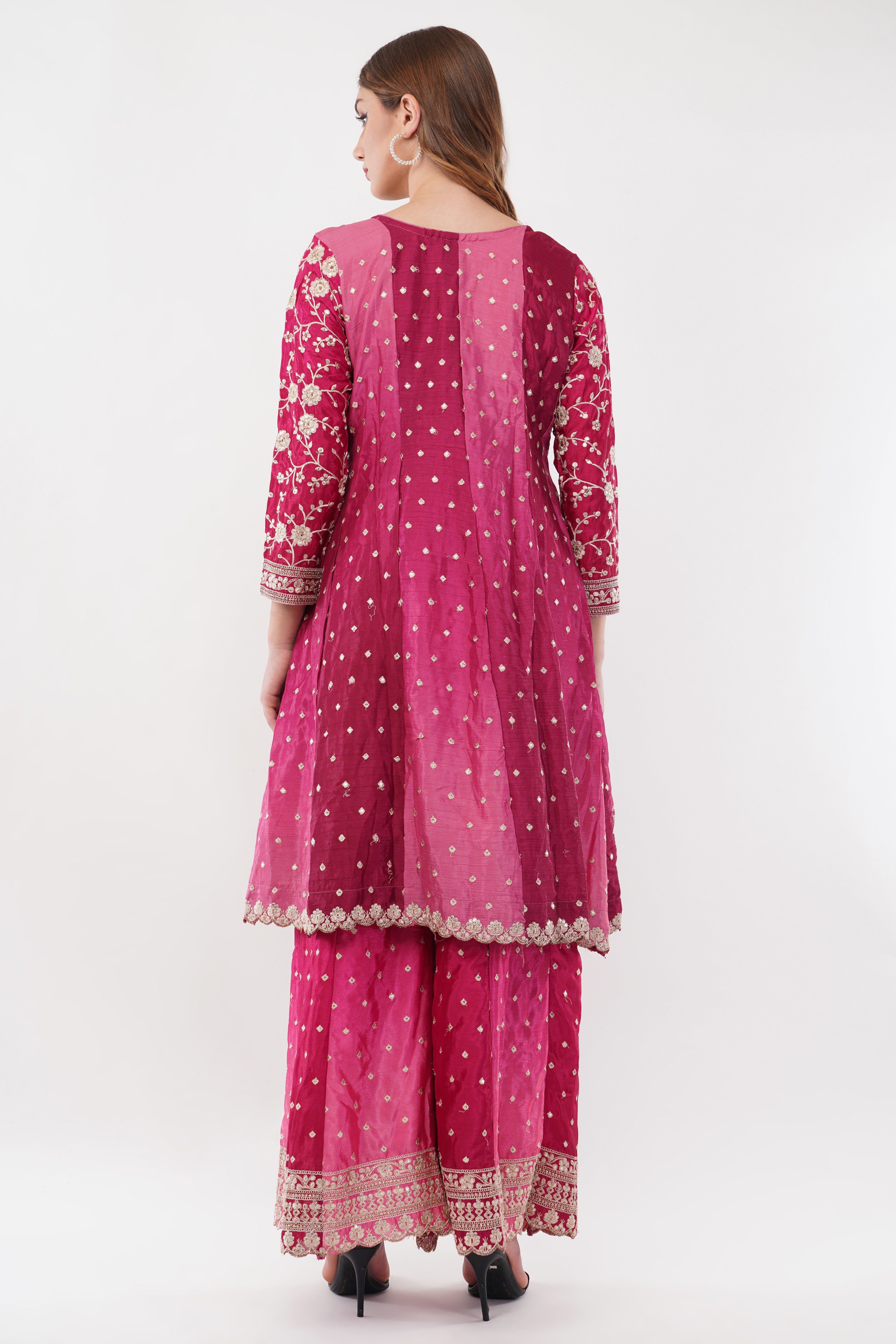 Pink Chinon Fabric Embroidered Suit With Flared Pants & Dupatta - Set Of 3