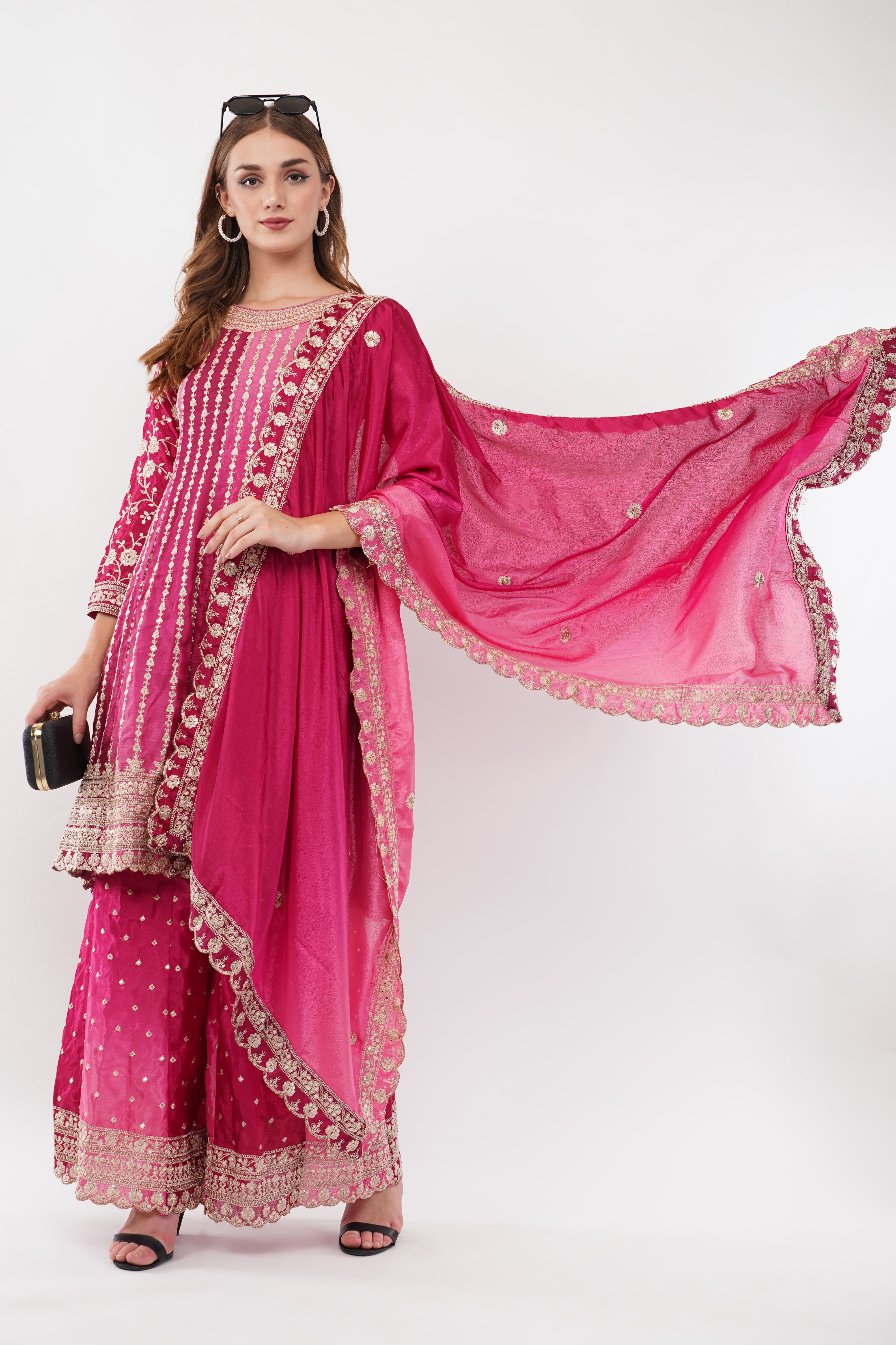 Pink Chinon Fabric Embroidered Suit With Flared Pants & Dupatta - Set Of 3