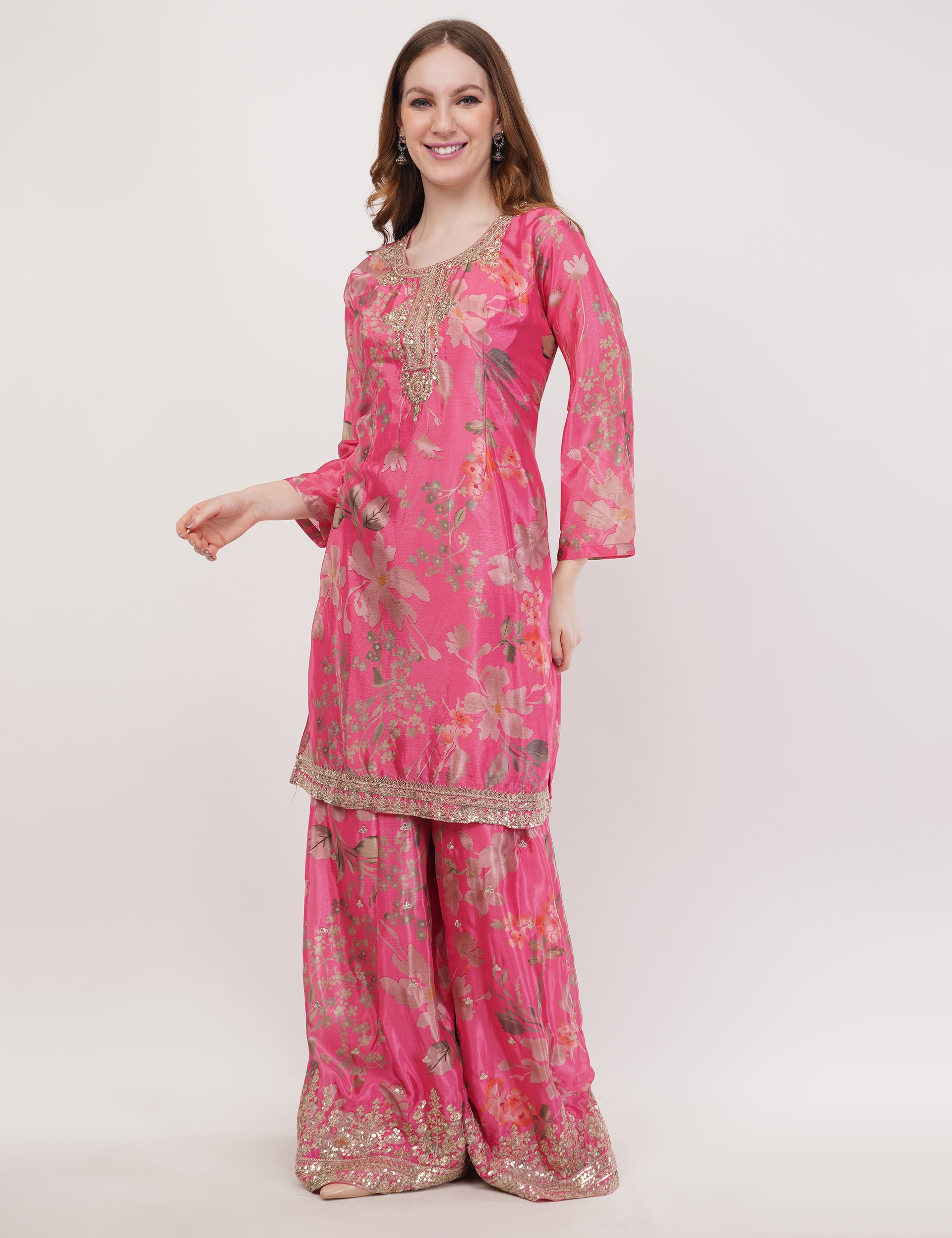 Pink Printed Short Suit With Flared Sharara Pants & Dupatta - Set Of 3
