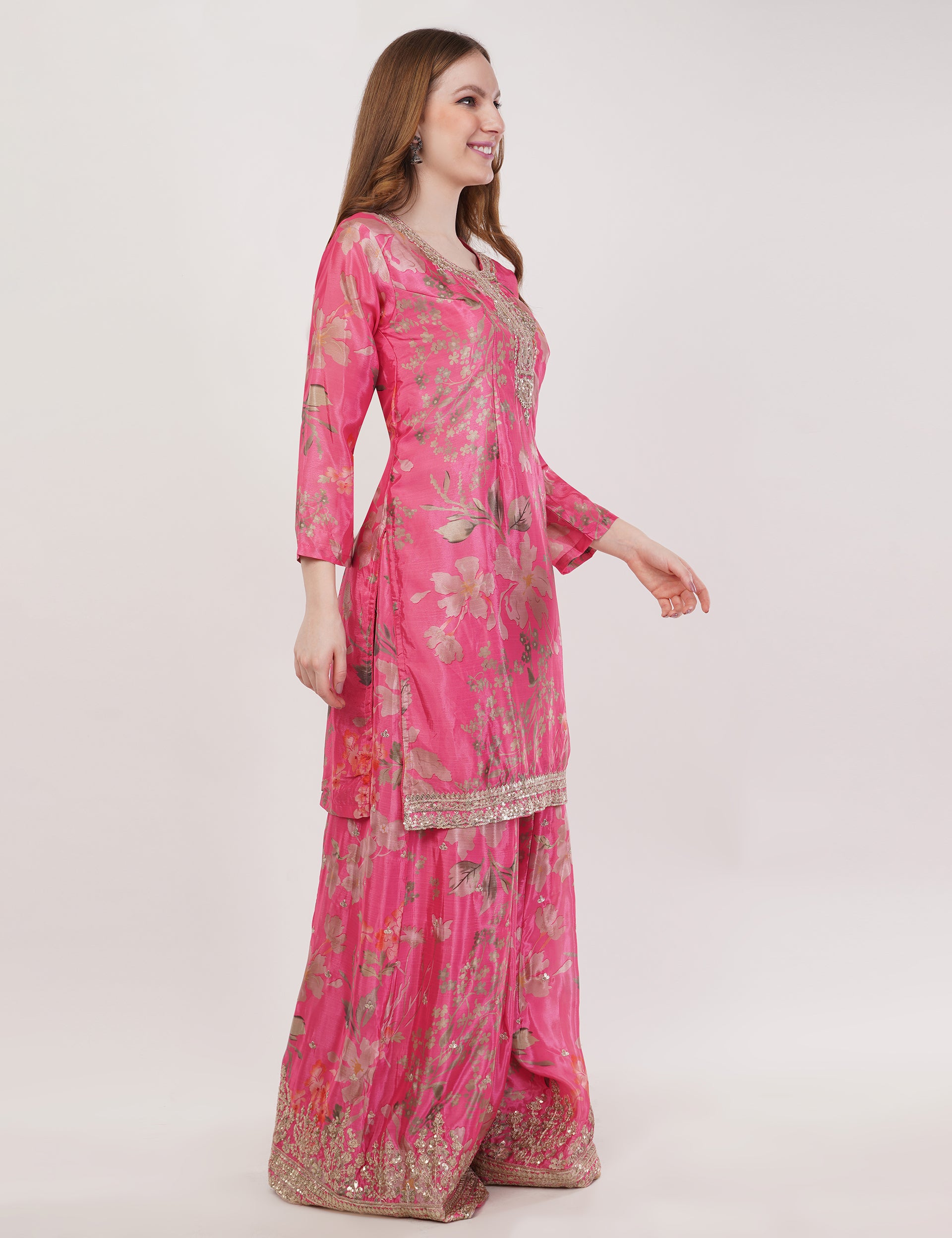 Pink Printed Short Suit With Flared Sharara Pants & Dupatta - Set Of 3