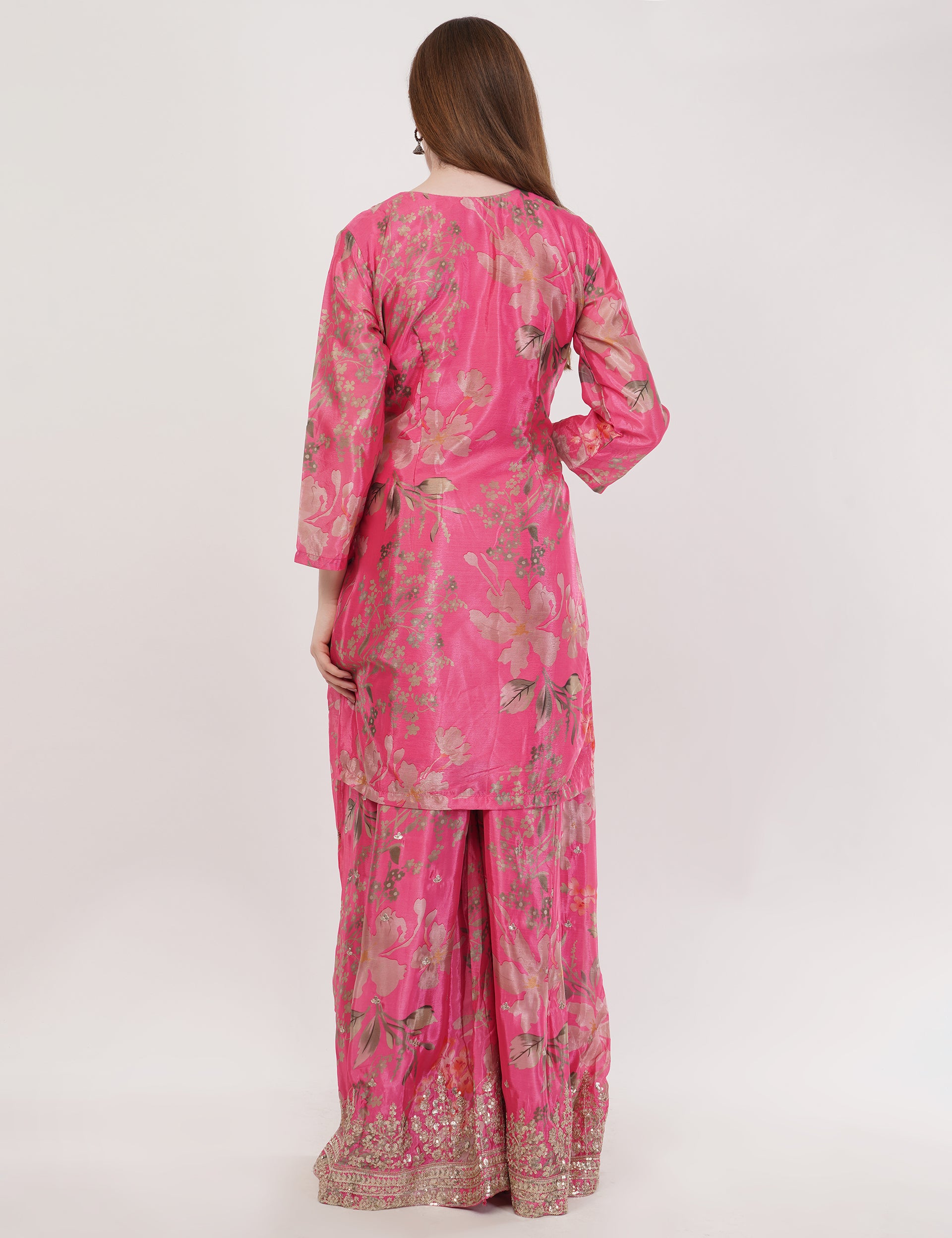 Pink Printed Short Suit With Flared Sharara Pants & Dupatta - Set Of 3