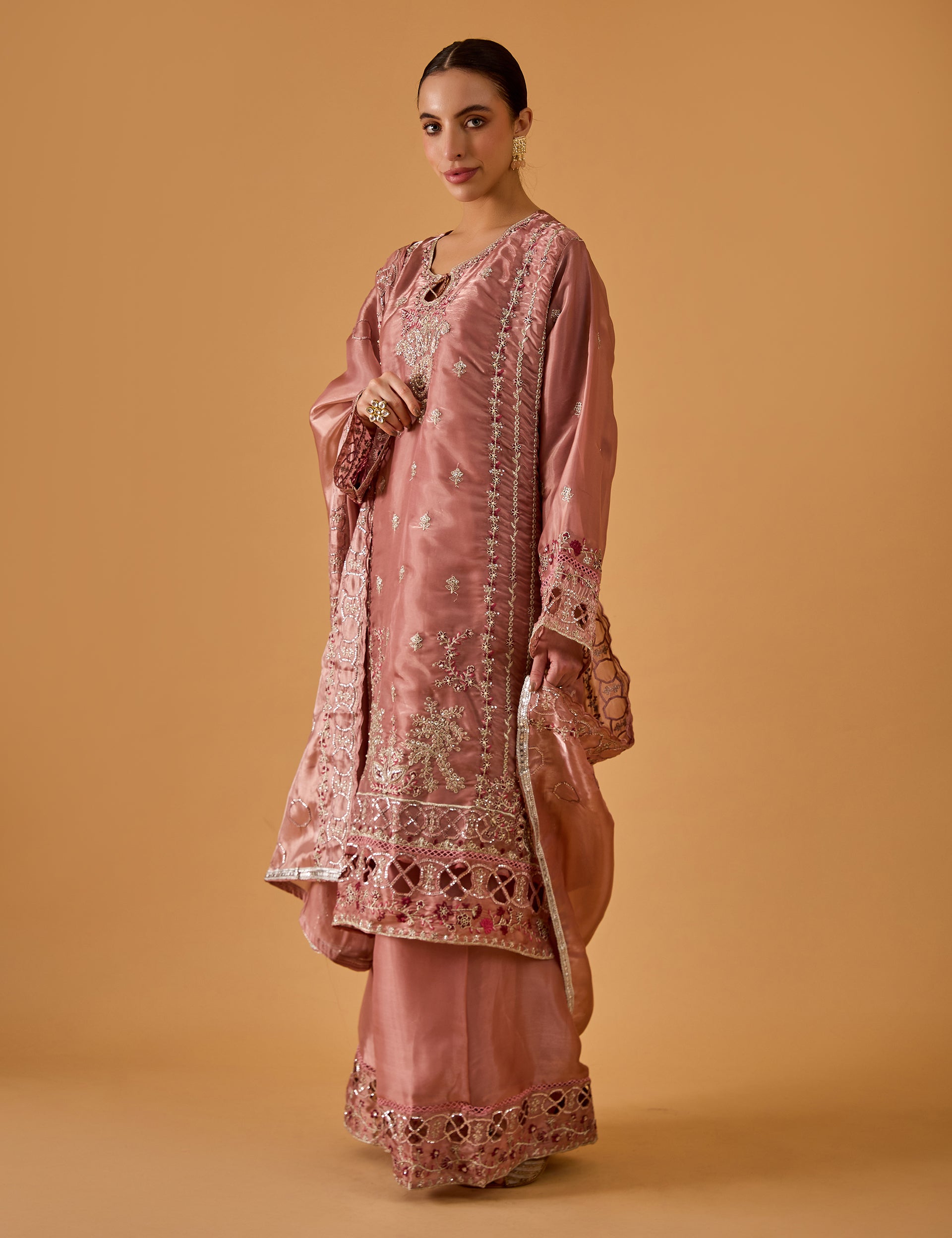 dhartii  Elegant blush Pink Embroidered Organza ShararaSet