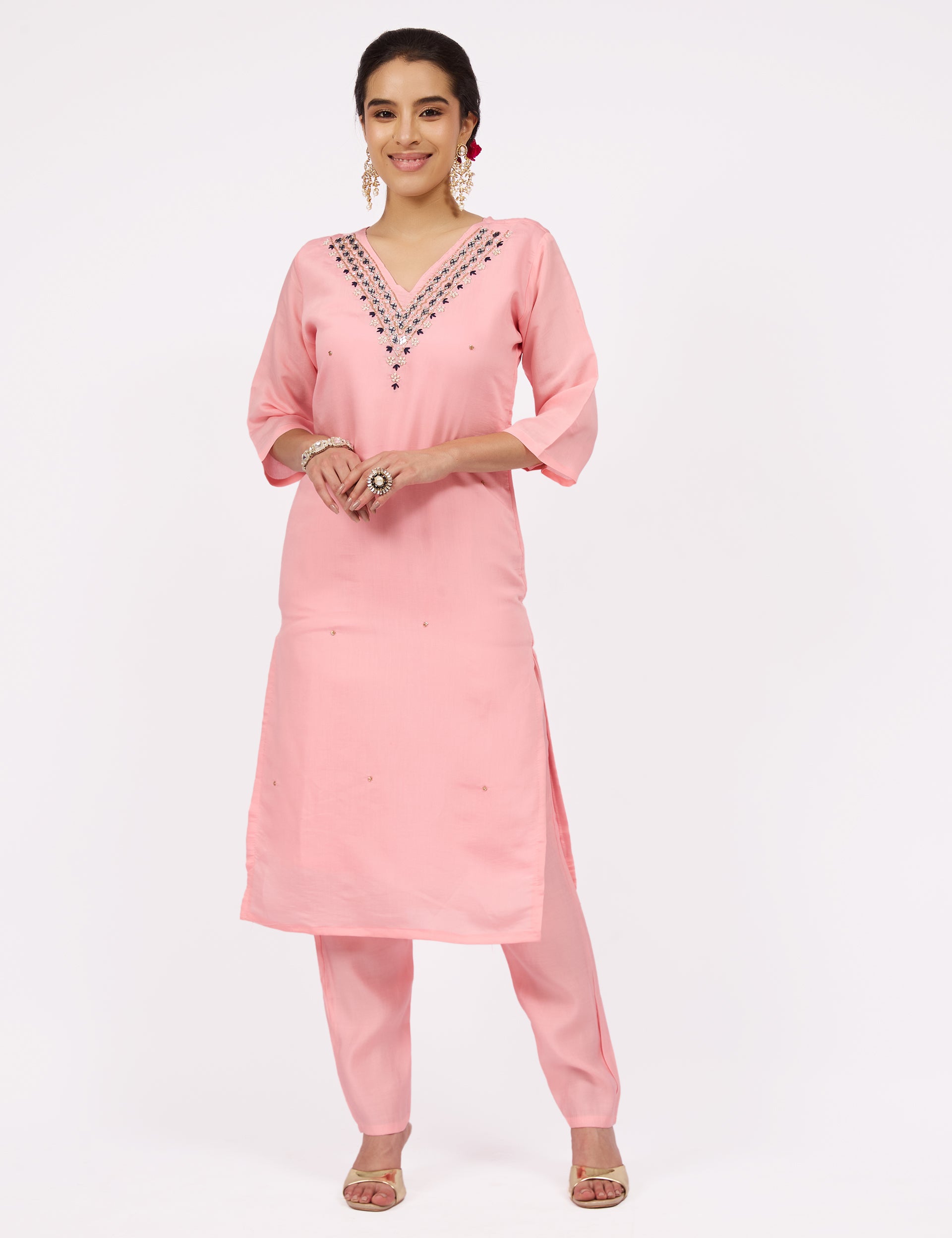 dhartii  Soft Pink Embroidered Kurta Set