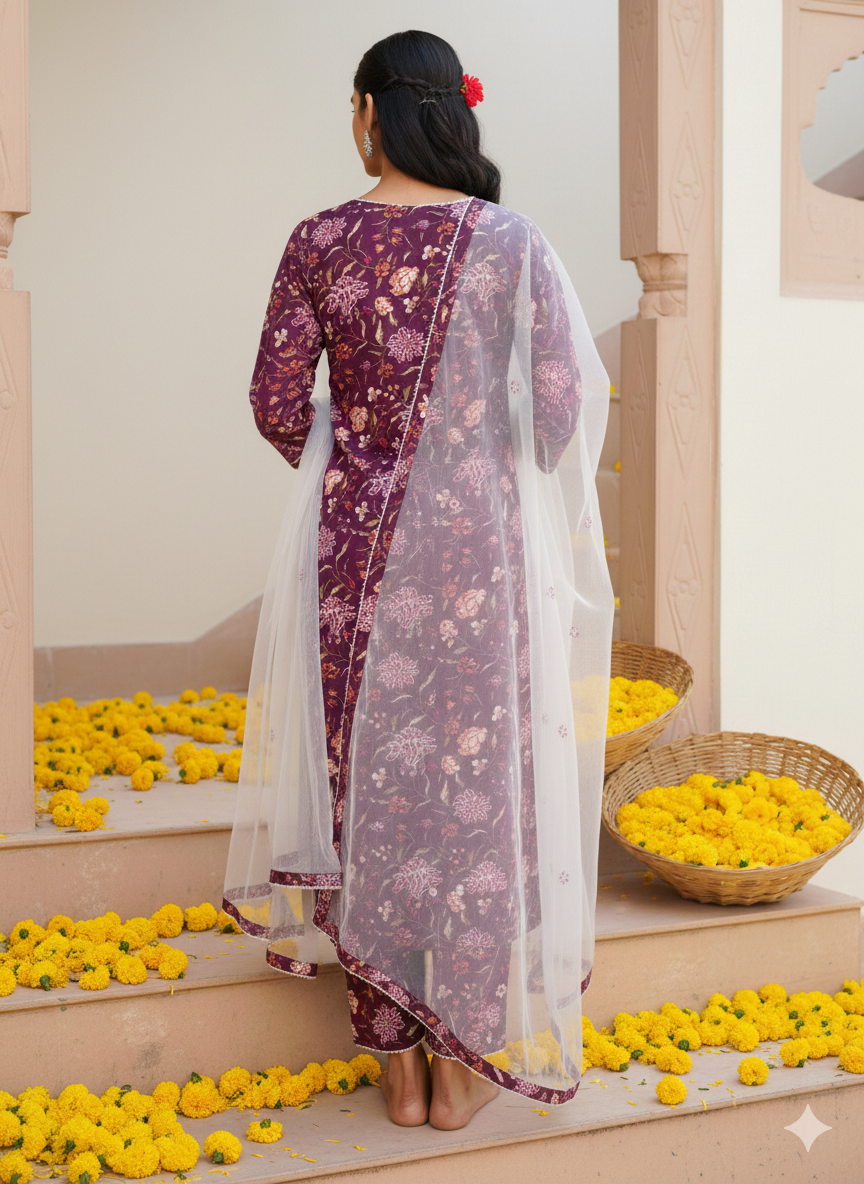 Purple Rayon Blend Floral Straight Kurta Pant With Dupatta