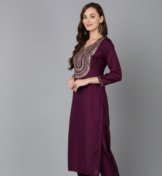Silk Blend Purple Embroidered Straight Kurta Pant With Dupatta
