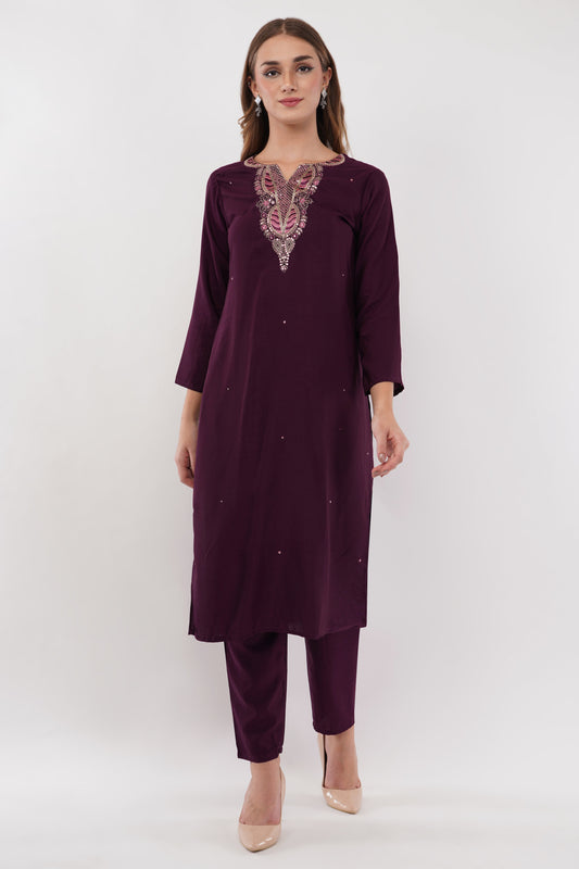 Purple Viscose Suit Set With Printed Dupatta - Set Of 3