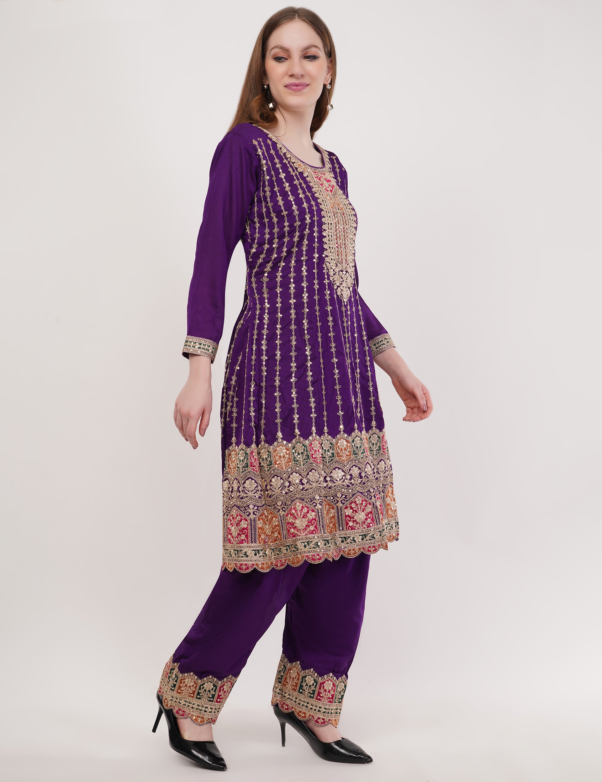 Purple Chinon Fabric Embroidered Suit With Pants & Dupatta - Set Of 3