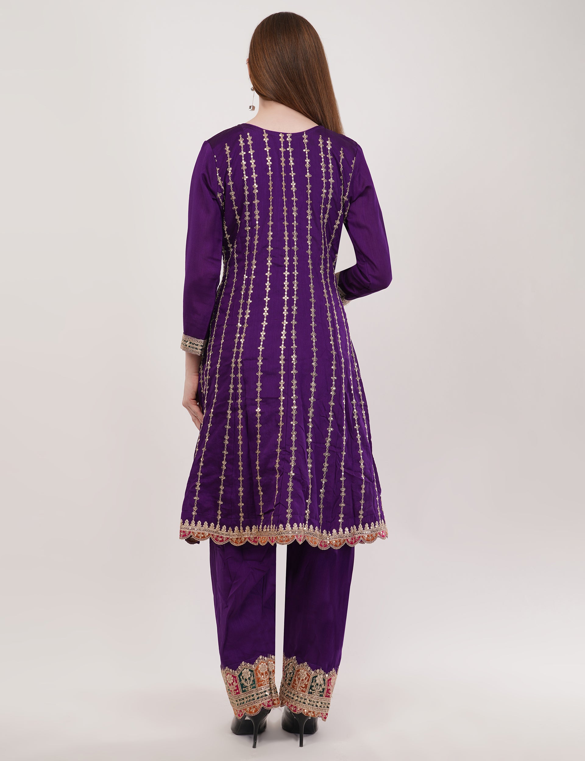 Purple Chinon Fabric Embroidered Suit With Pants & Dupatta - Set Of 3