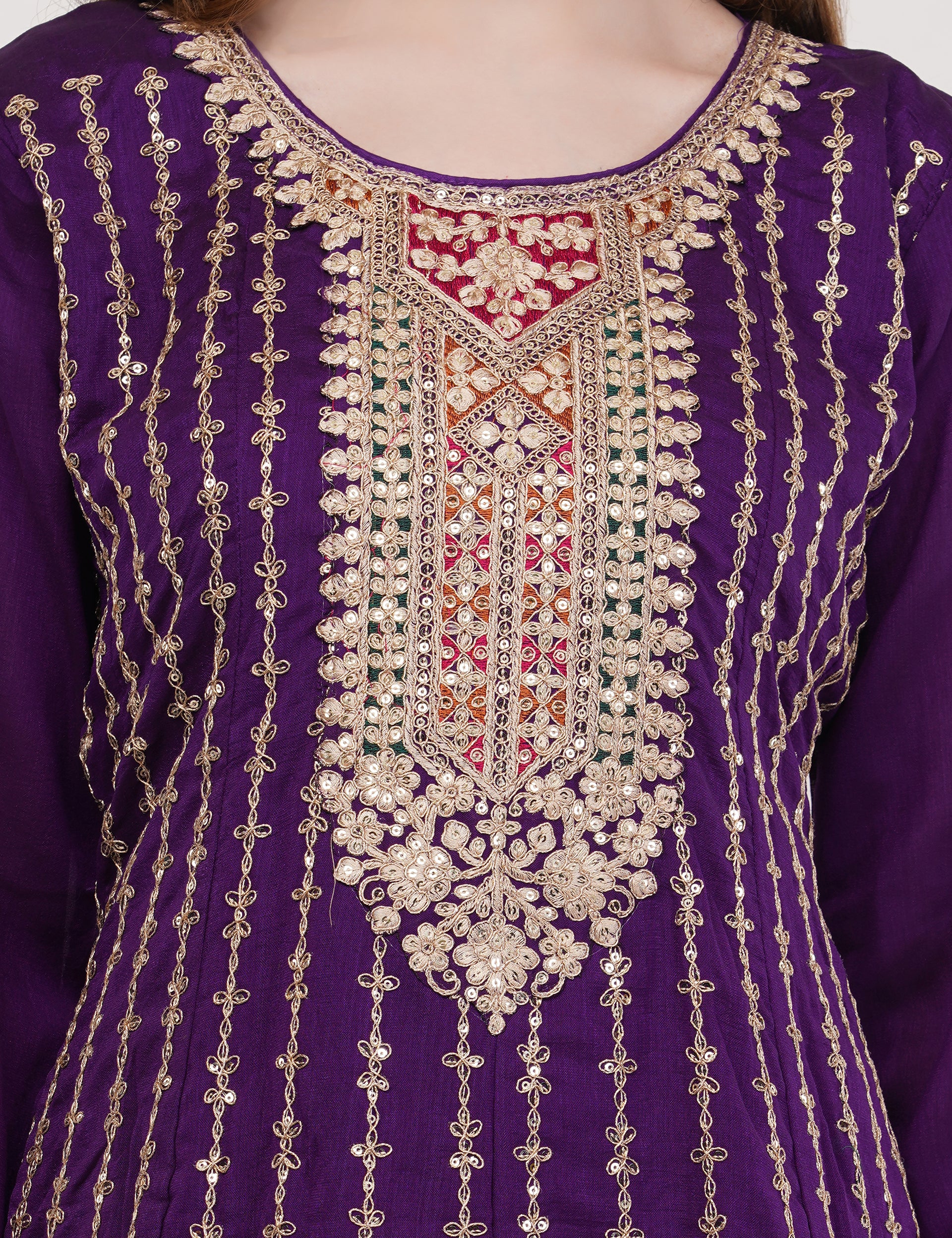 Purple Chinon Fabric Embroidered Suit With Pants & Dupatta - Set Of 3
