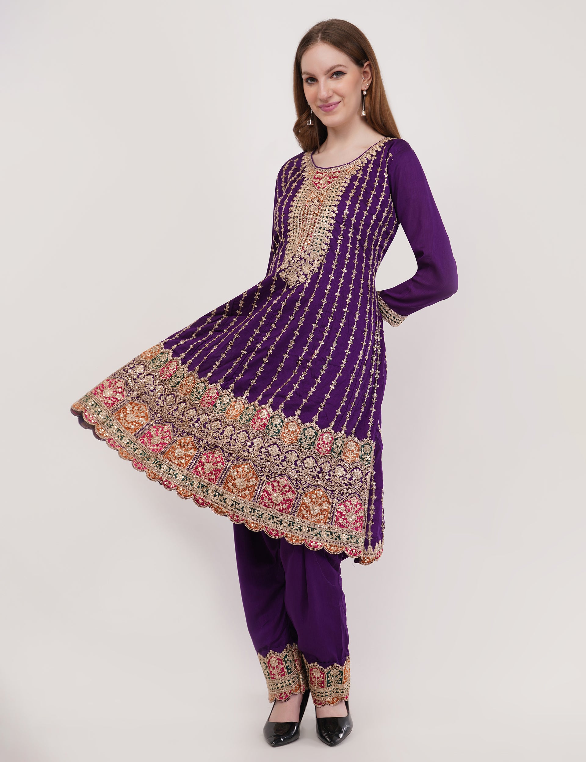 Purple Chinon Fabric Embroidered Suit With Pants & Dupatta - Set Of 3