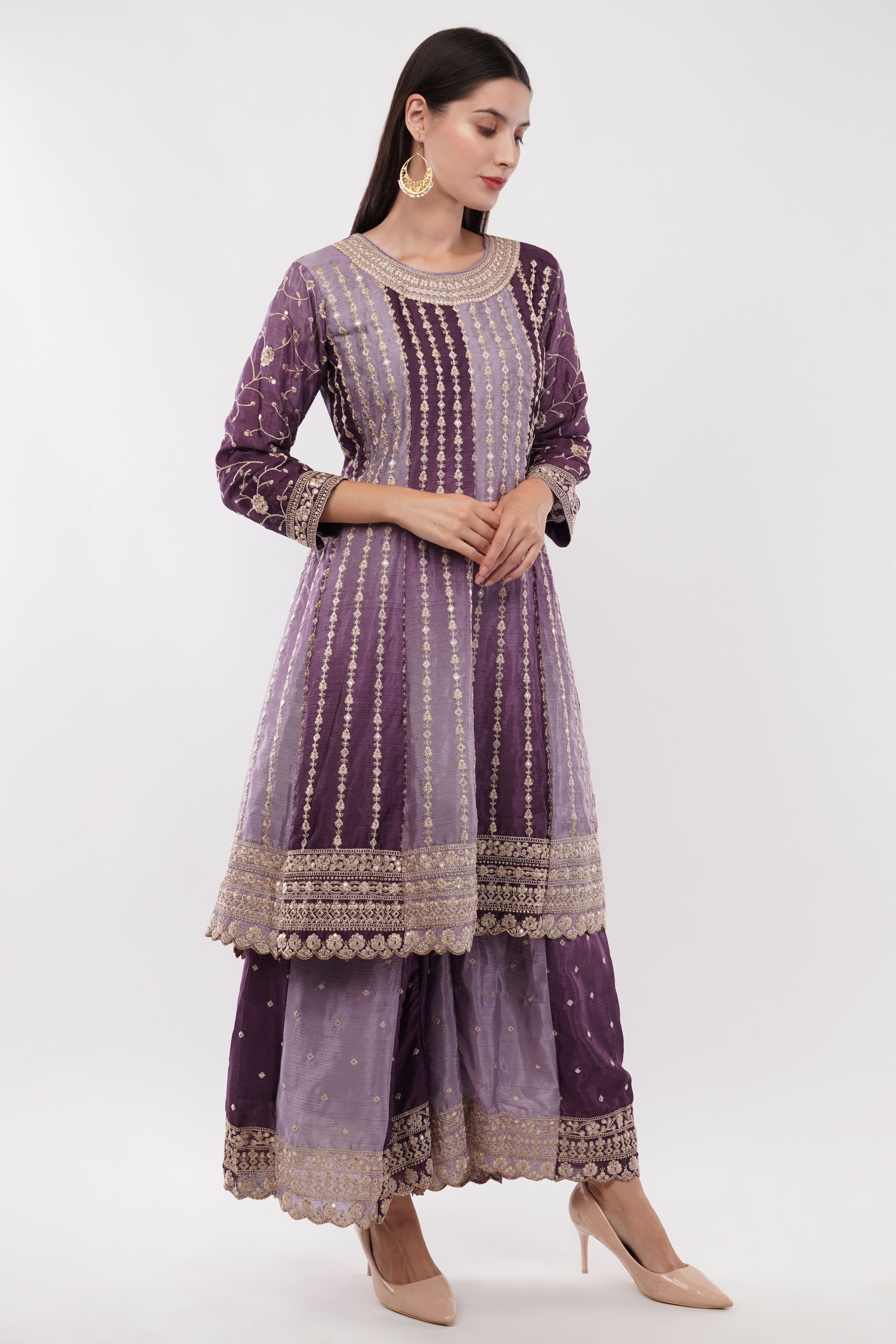 Purple Chinon Fabric Embroidered Suit With Flared Pants & Dupatta - Set Of 3