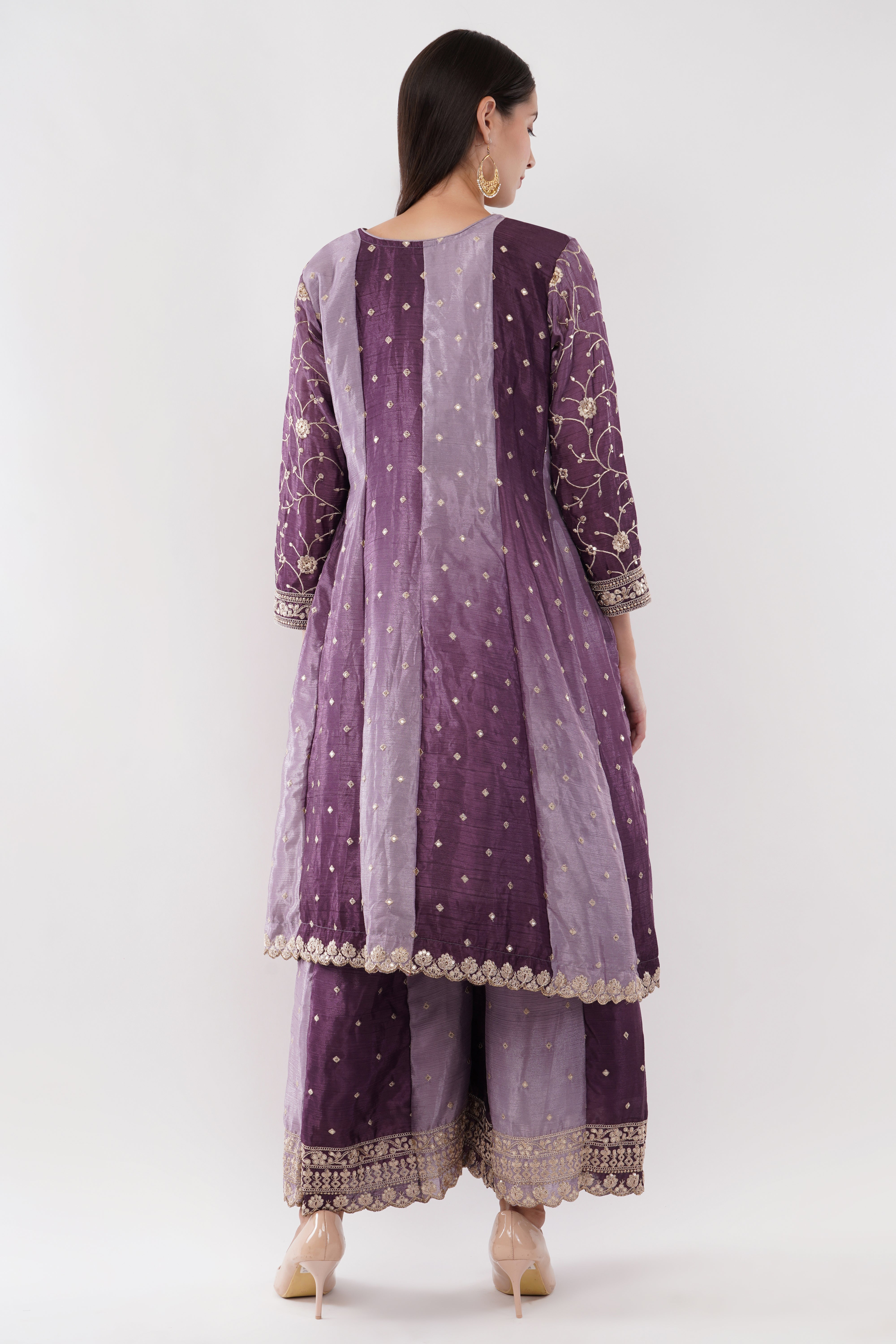 Purple Chinon Fabric Embroidered Suit With Flared Pants & Dupatta - Set Of 3
