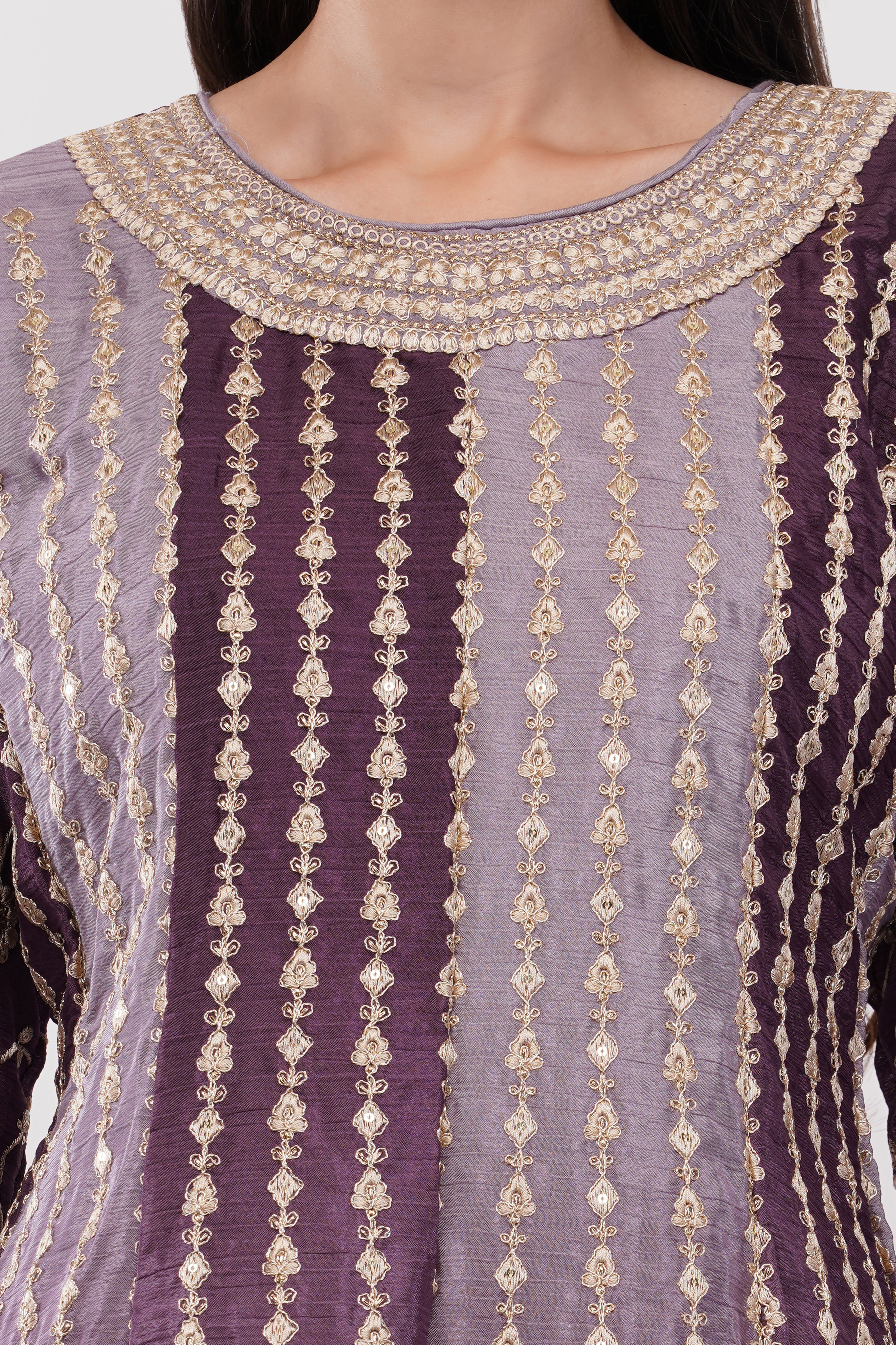 Purple Chinon Fabric Embroidered Suit With Flared Pants & Dupatta - Set Of 3