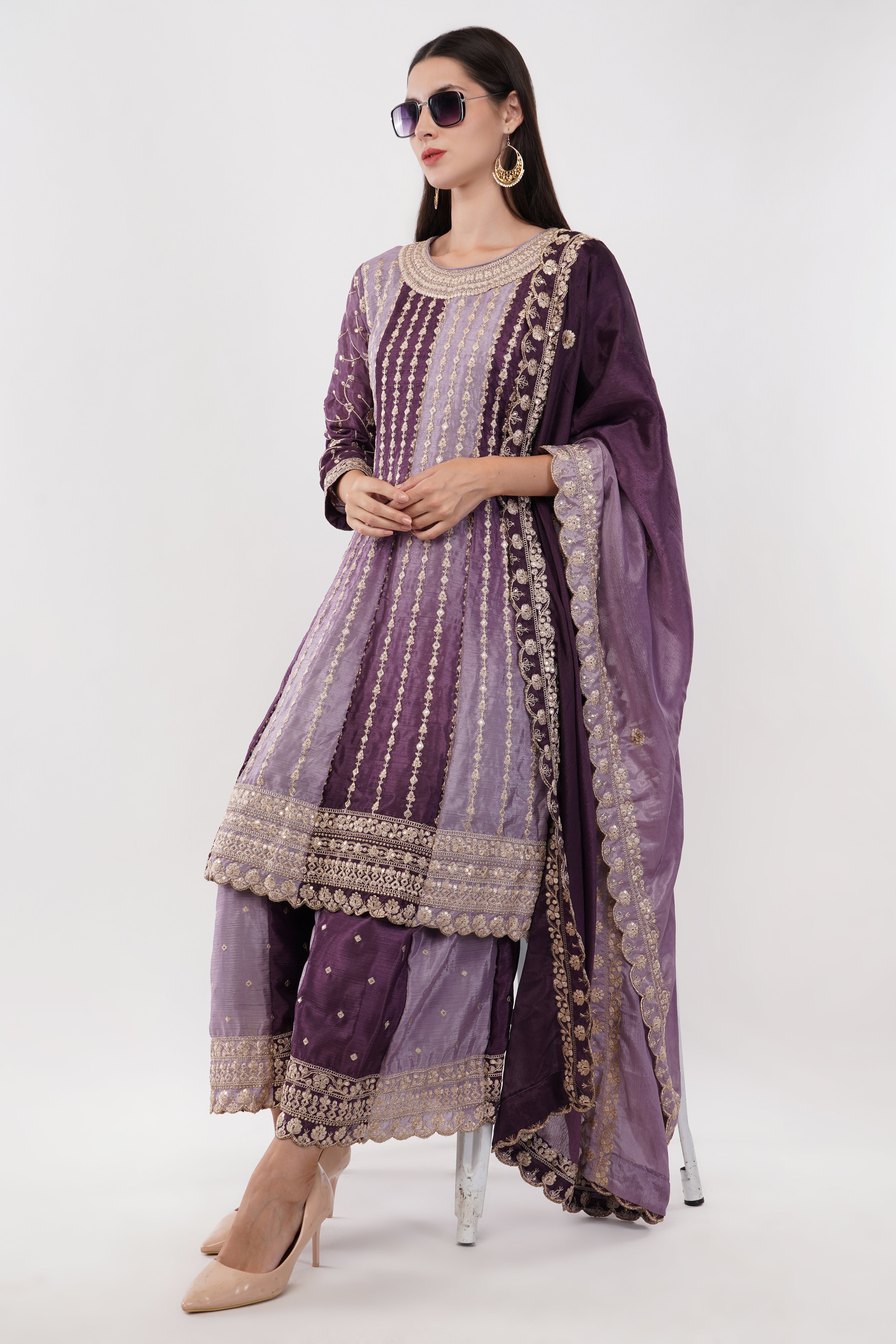 Purple Chinon Fabric Embroidered Suit With Flared Pants & Dupatta - Set Of 3