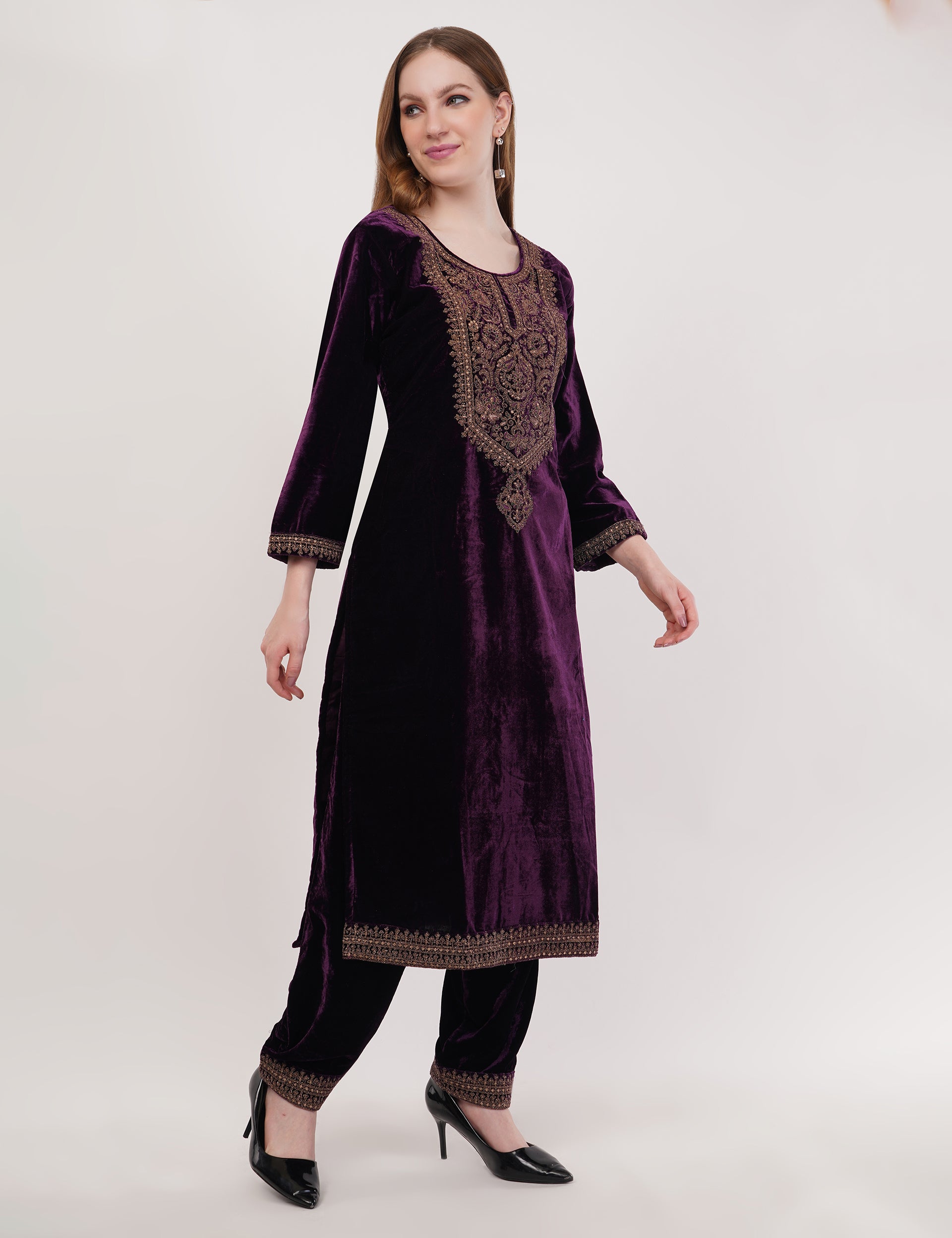 Purple Velvet With Coding Embroidery Work - Set Of 3