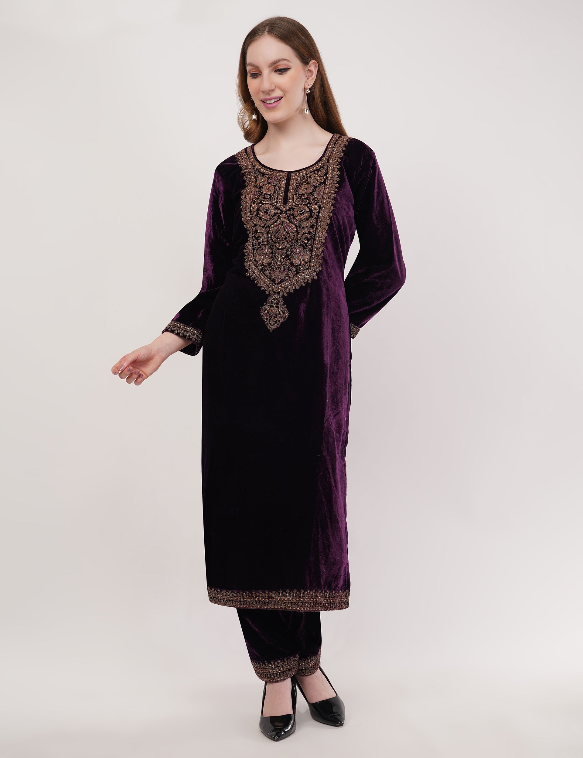 Purple Velvet With Coding Embroidery Work - Set Of 3